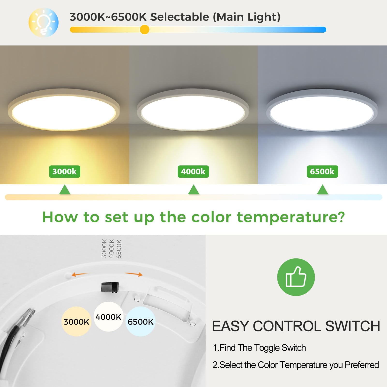 Zemty 7 Inch Led Flush Mount Ceiling Light With Night Light 1800K, 4 Pack 3000K/4000K/6500K Selectable Ceiling Light Fixtures, L