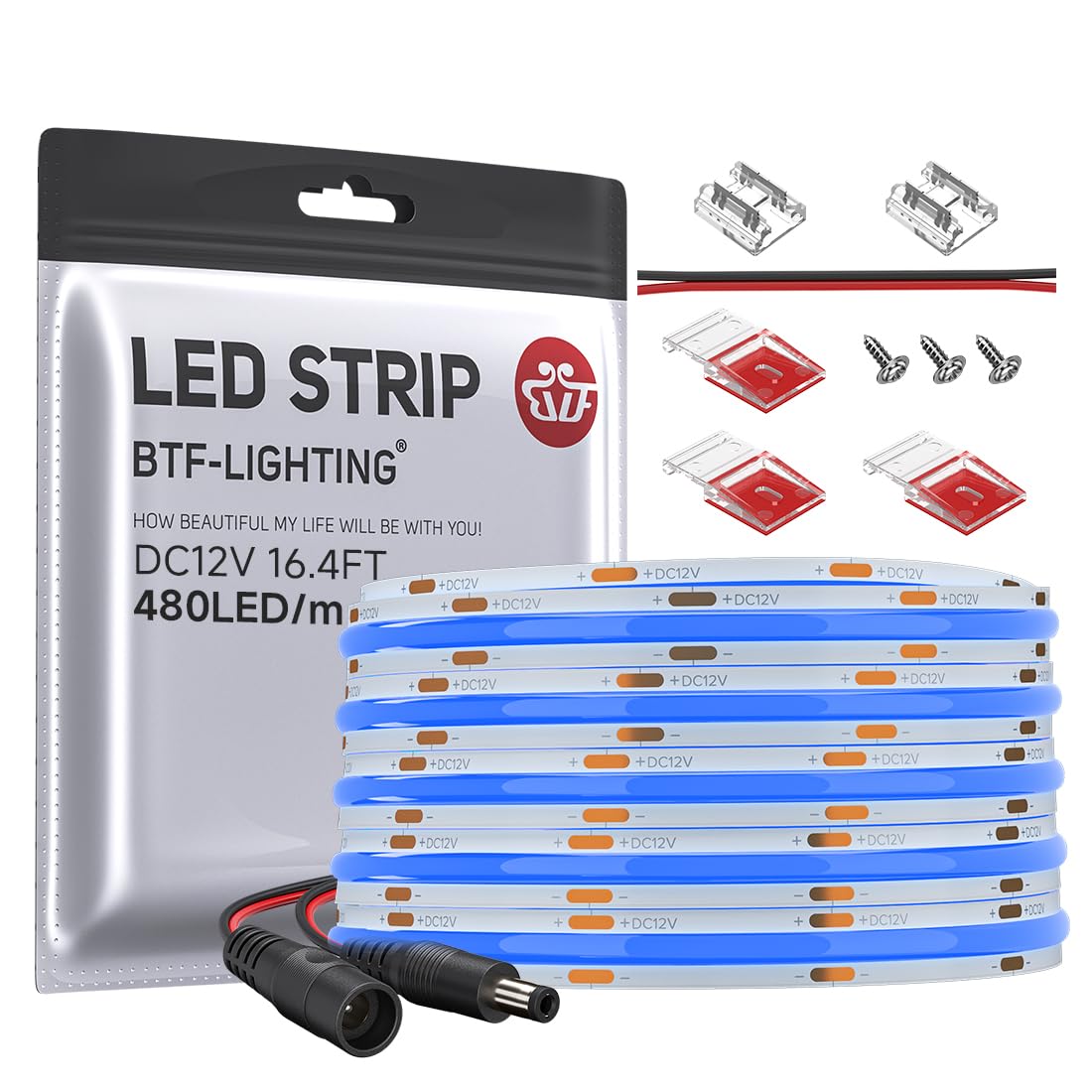 BTF-LIGHTING FCOB COB LED Strip Blue Color 480LEDs/m 16.4FT DC12V Flexible High Density Uniform Light 8mm Width Bright Dimmable 