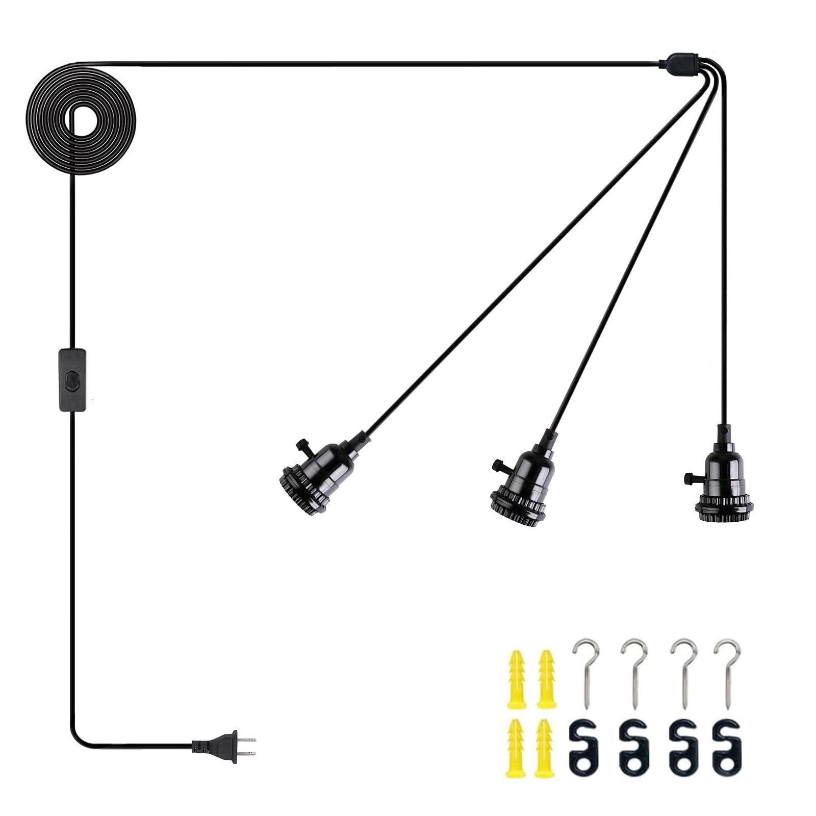 DITEDY 3-Light Plug in Pendant Light Kit, Hanging Lights with Plug in Cord 21FT Hanging Lamp Cord with On/Off Switch, DIY Vintag
