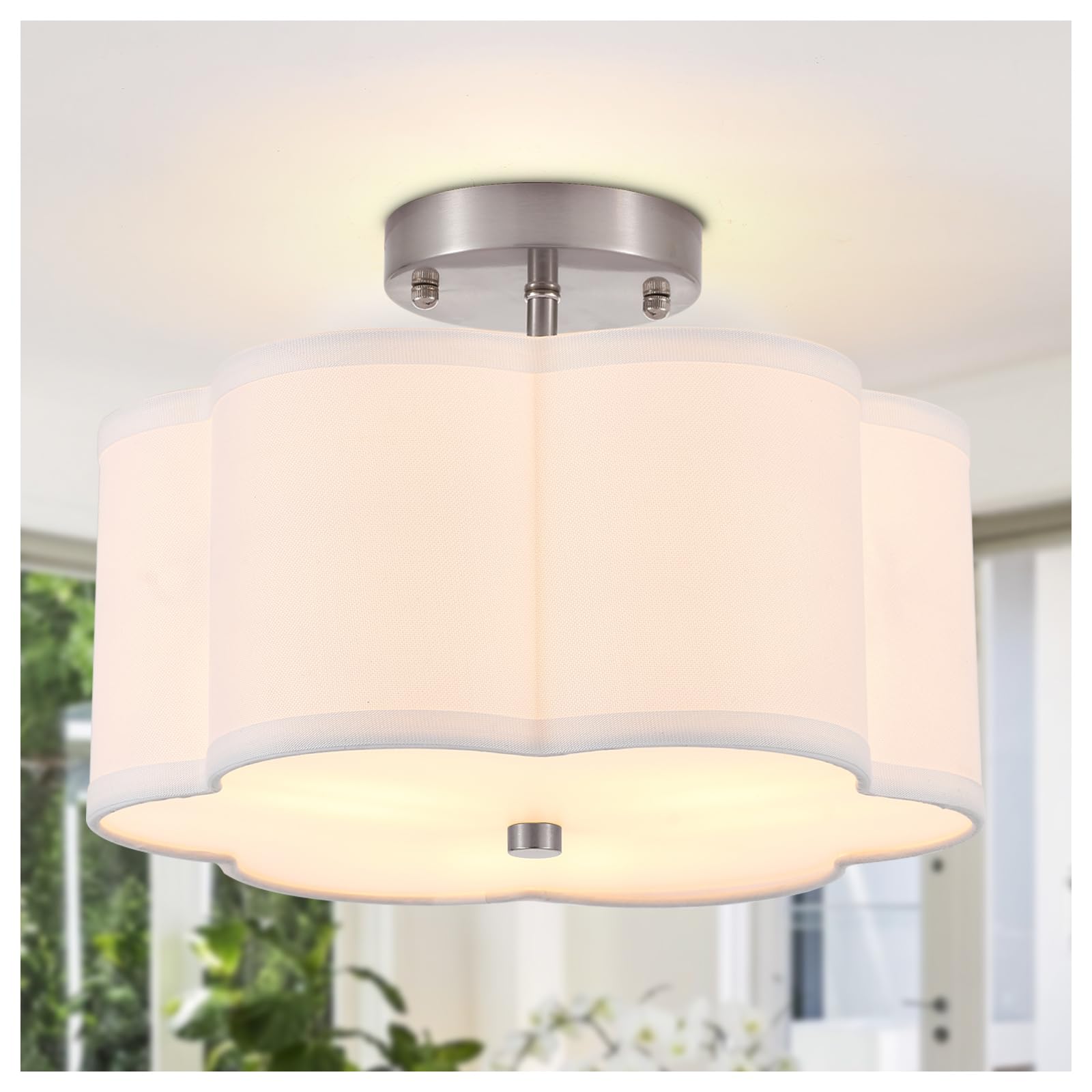 Widluth Modern Drum Semi Flush Mount Ceiling Light Fixture Modern 3-Lights Linen Drum Ceiling Lighting With Chrome Finish, Vintage Modern Ceiling Light For Laundry Room, Kitchen, Basement, Bedroom