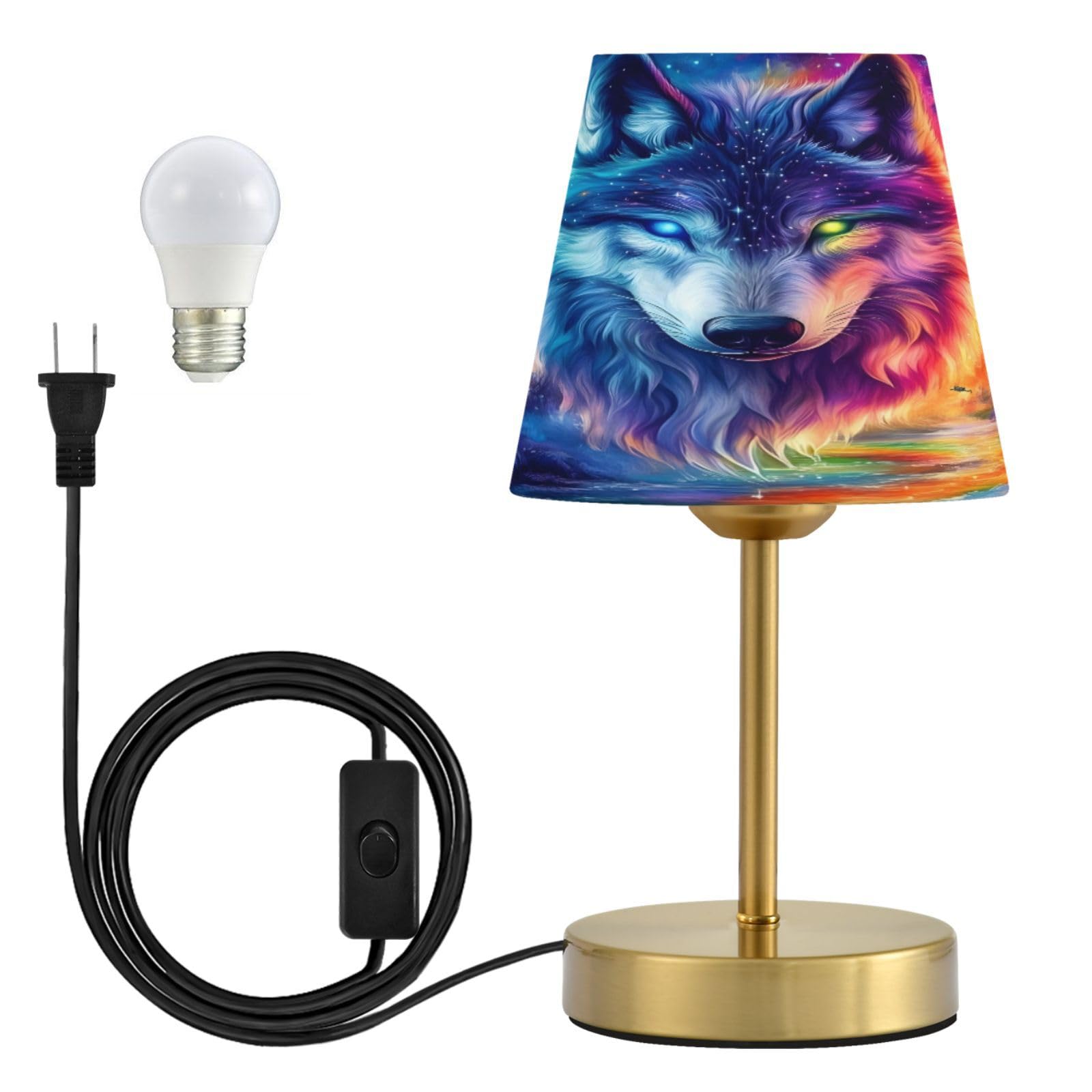Table Lamp for Bedroom Nightstand Wolf Galaxy Forest Fire Night Bedside Lamp with USB Port Fabric Shade Dimmable Desk Lamps Bronze Metal Base Living Room