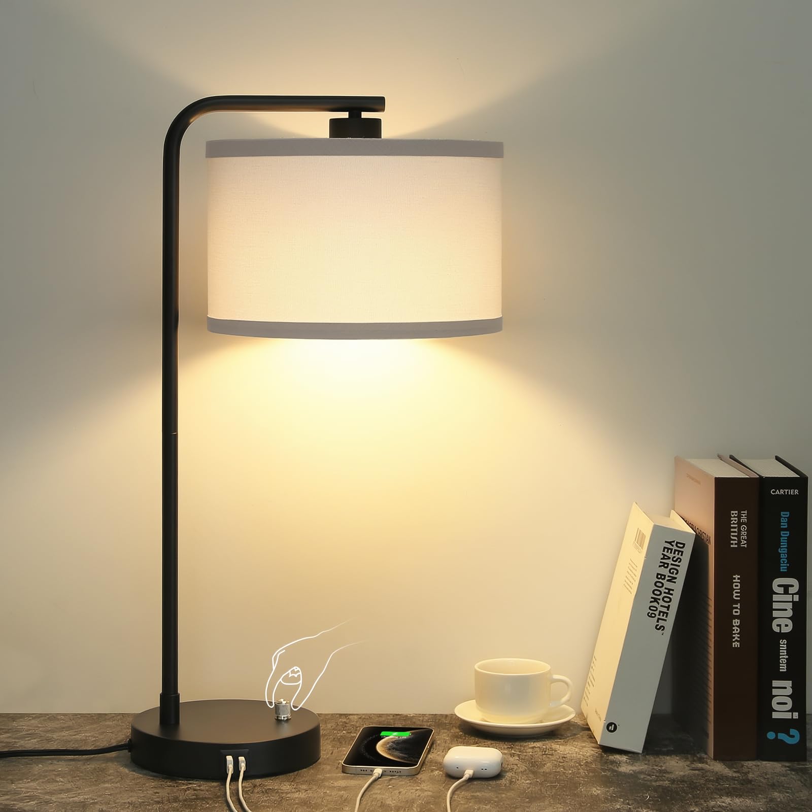 Seaside Village Table Lamp with USB C+A Ports, Stepless Dimmable, 13.98in x 13.98in x 25in, Black Base with White Shade, Model BW