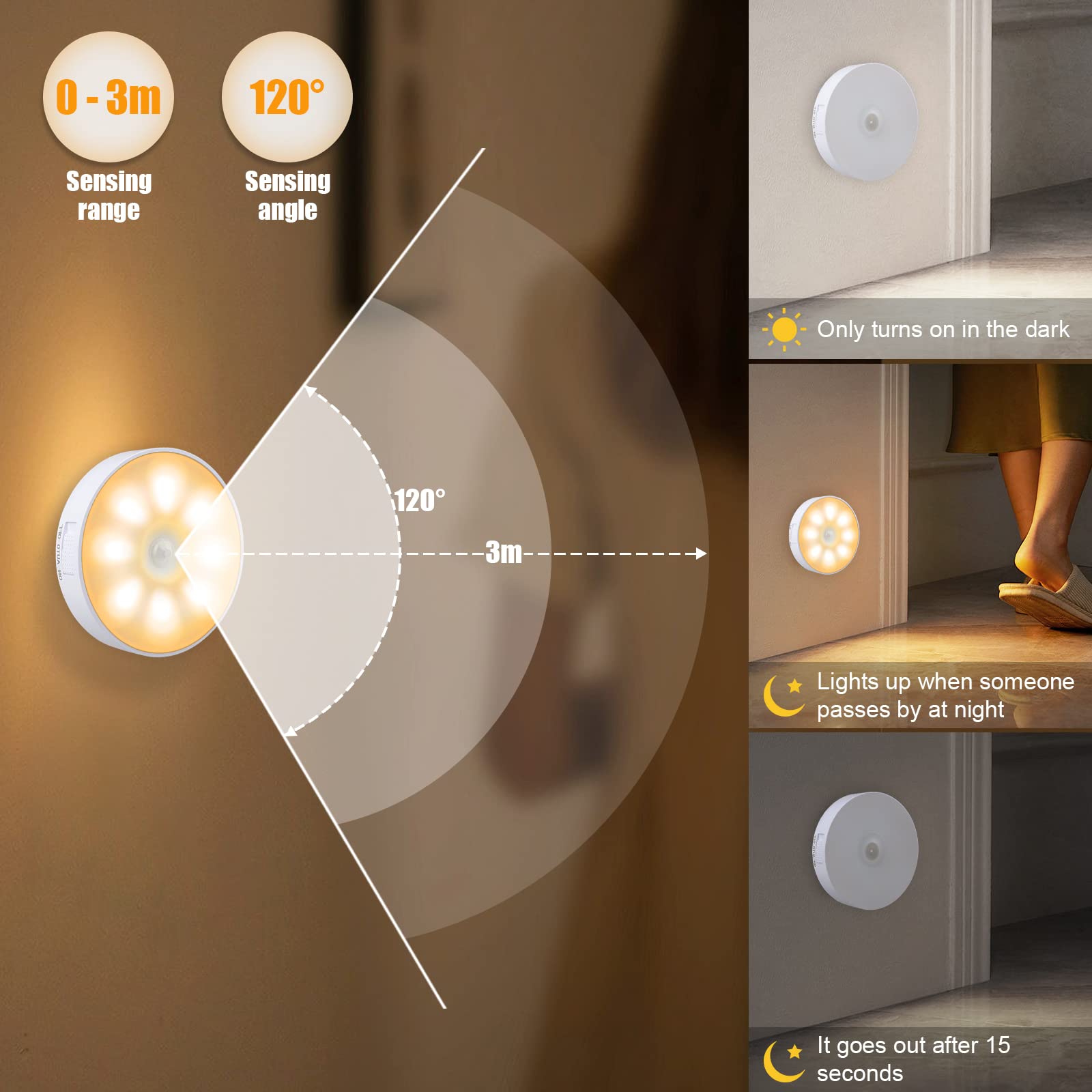 Electight 3 Pack Motion Sensor Light, 8 Leds Rechargeable Night Light, With Usb Cable & Magnetic Patch, 3 Modes, Cordless Safe Wall Light For Kitchen, Bookshelves, Drawers - 3000K Warm White