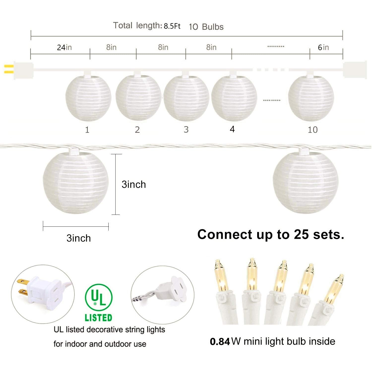 SUNSGNE Lantern String Lights, 10 Mini LED White Lanterns, Indoor/Outdoor Decorative Lights for Patio, Party, Wedding, Bedroom