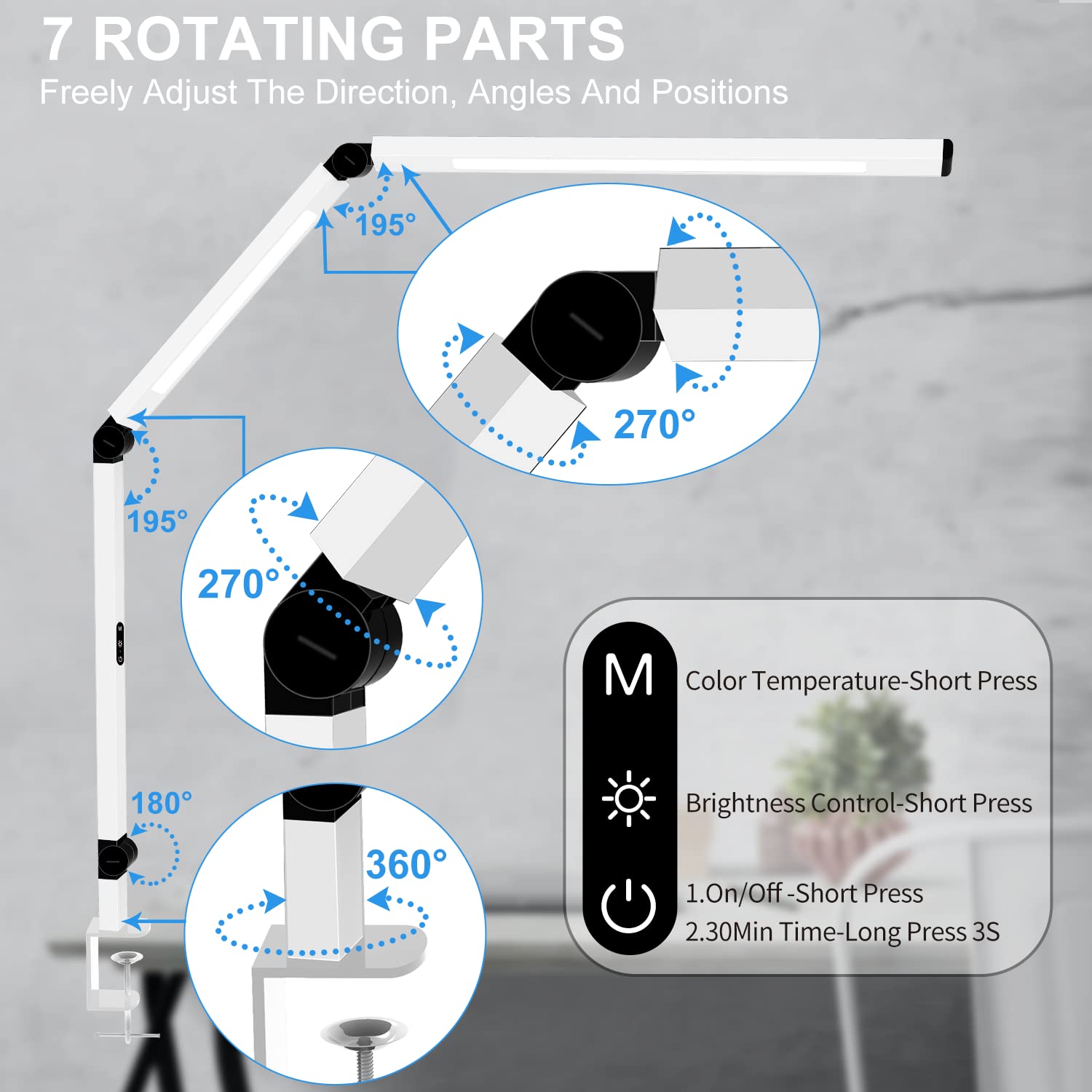 Micomlan Led Desk Lamp For Home Office, Architect Clamp Desk Lamp With Remote Control, Adjustable Dimmable Swing Arm Clamp On Table Light Clip-On Dual Light 5 Brightness Levels & 4 Cct Modes