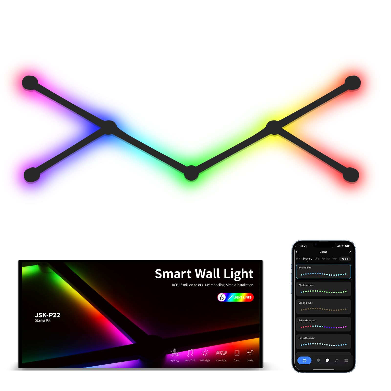 Kobaiban Smart Wall Light Lines  Wifi Rgb Led Light Bars  16M+ Color Dimmable Music Sync Diy Home Decor Light Bars For Gaming Party Streaming Lovers  Work With Alexa & Google Assistant (6 Lines Black)