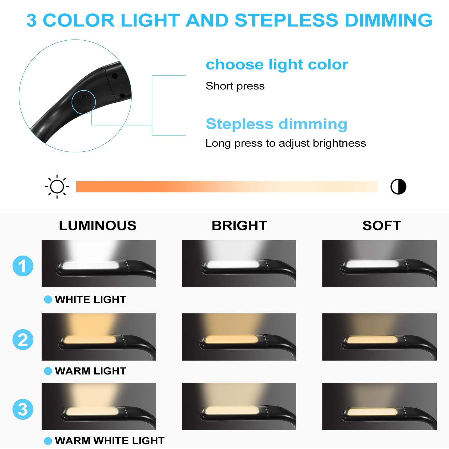 LALAKU LED Neck Reading Light, Adjustable Brightness, 3 Colors, Metal, 1PCS, Black, Model GH-8