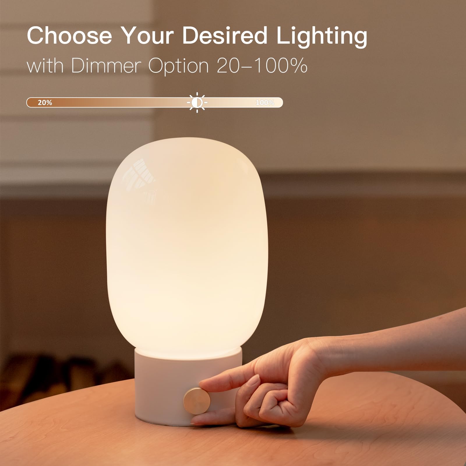 Onewish Dimmable Bedside Table Lamp, Modern Glass Nightstand Light With Warm Led Bulb, White