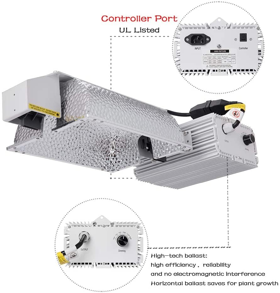 Generic Raylux 1000W DE Grow Light System with Aluminum Reflector, 2100K HPS Bulb, Close with Controller Port, Silver
