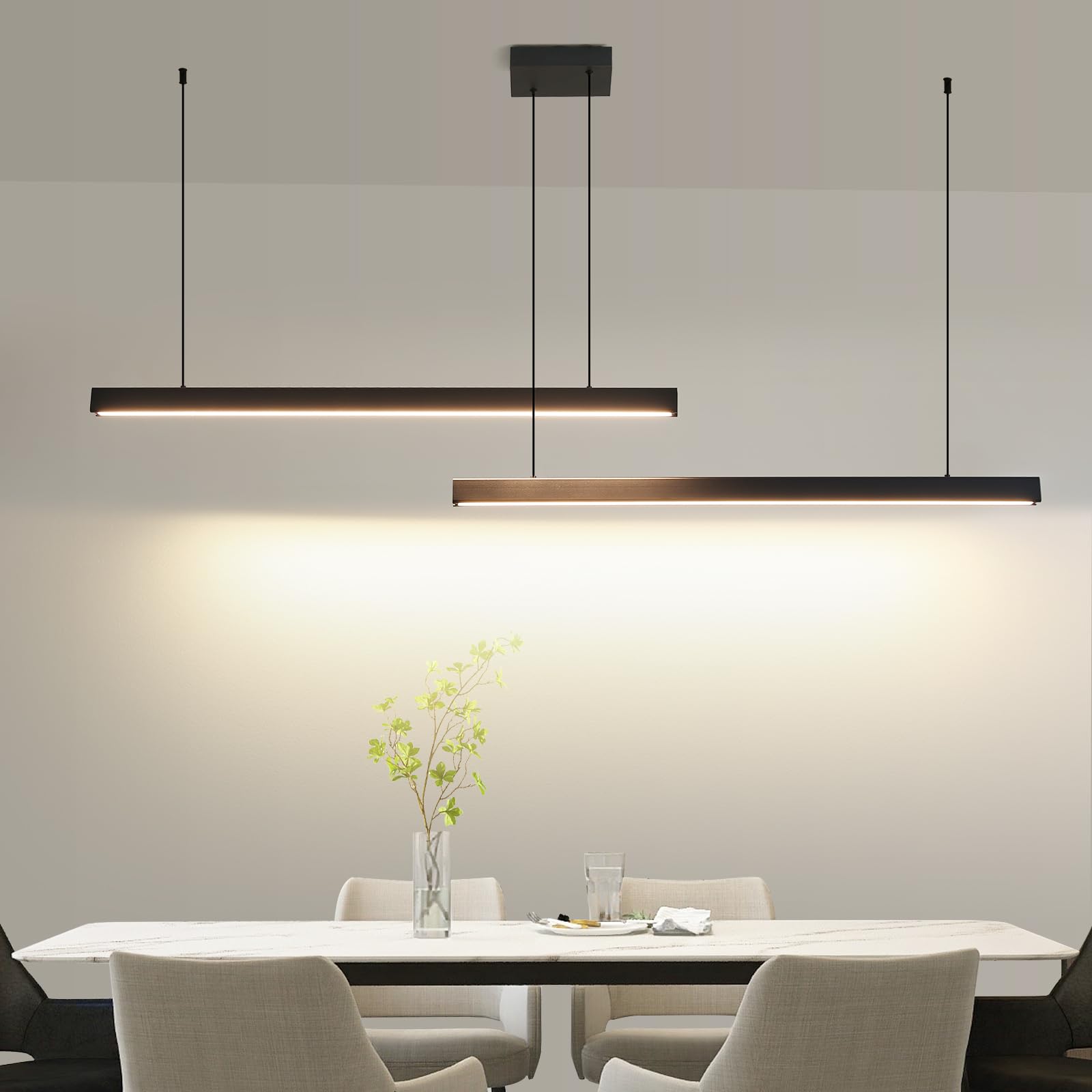 Mikeru Modern 2-Light Chandelier Pendant Light, 47IN, Aluminum, E-Black, Remote Control, Adjustable Color Temperature 3000K-6500K