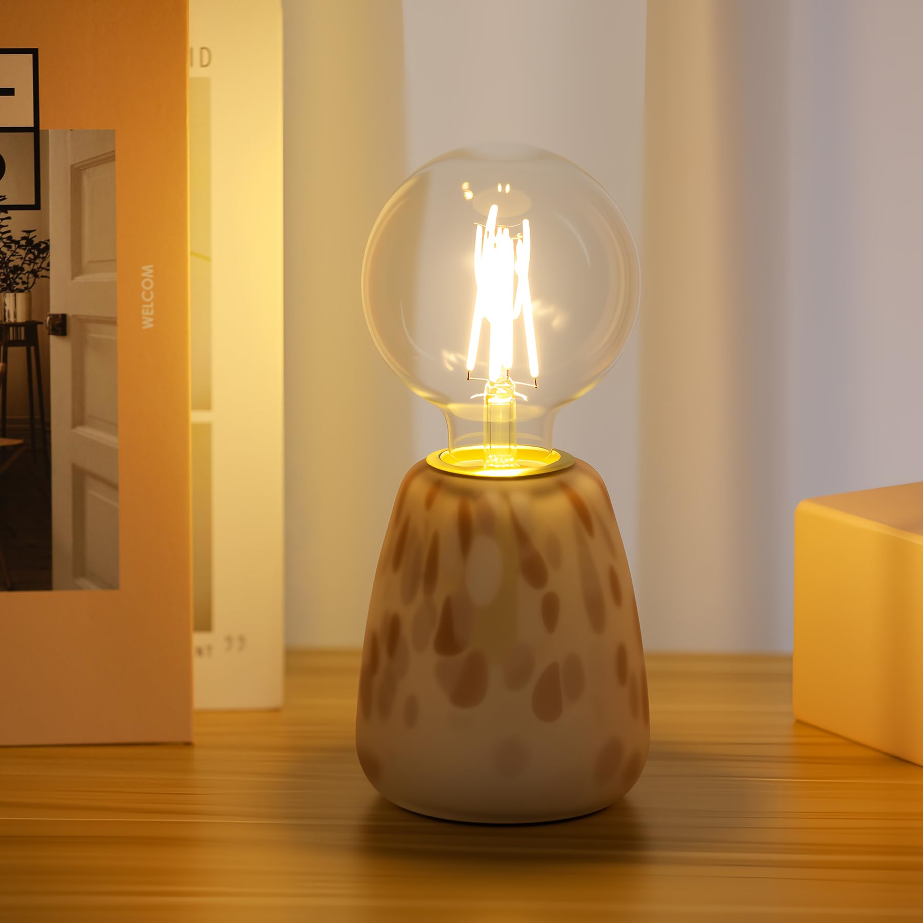 SYLW Mini Modern Glass Bedside Table Lamp  4 x 4 x 9 Inch Nightstand Lamps  with Spherical Bulb Round Side Table Lamps for Bedroom Living Room Entryway Night Light (White Brown Glass Base)