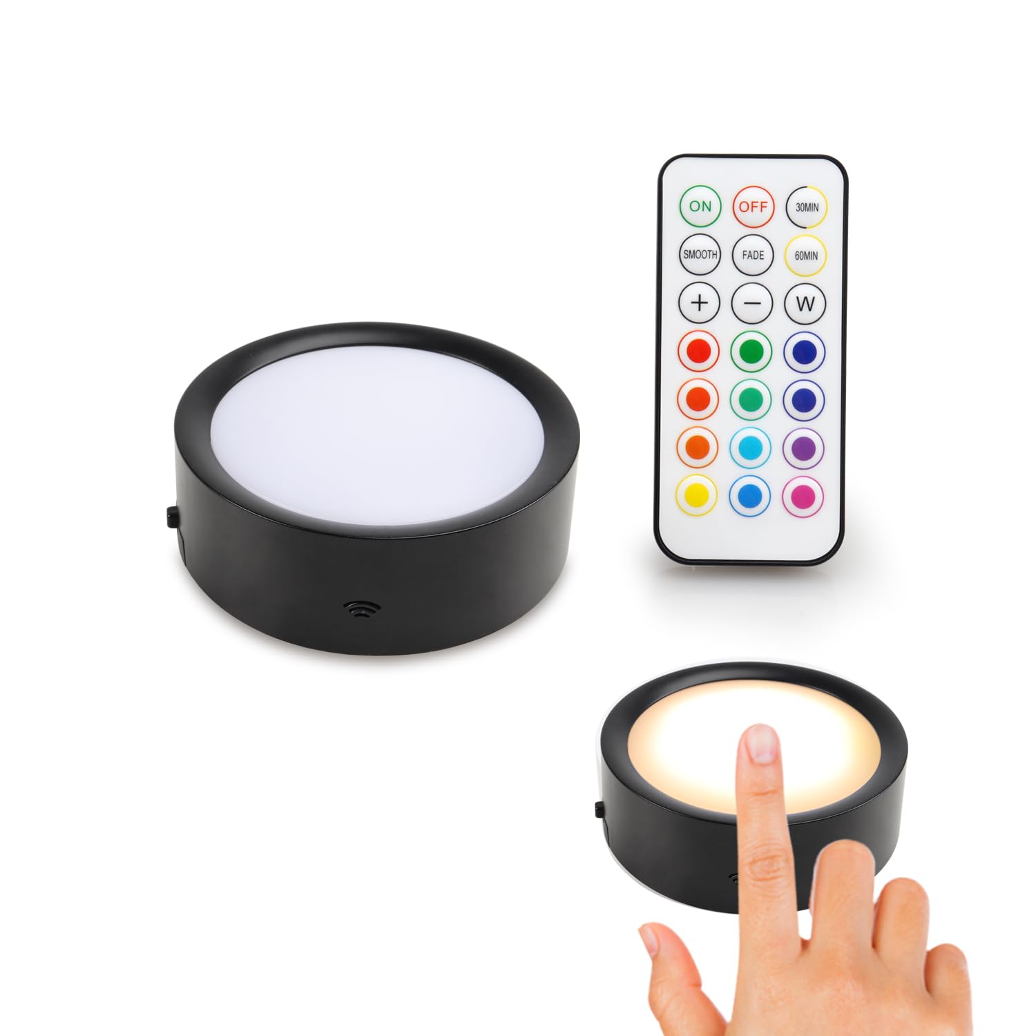 Dami Under Cabinet Lighting With Remote Control, Rechargeable Battery Operated Wireless Shelf Lights, Under Cabinet Lights Stick On Tap, Color Changing Puck Lights For Kitchen, 2 Pack, Black