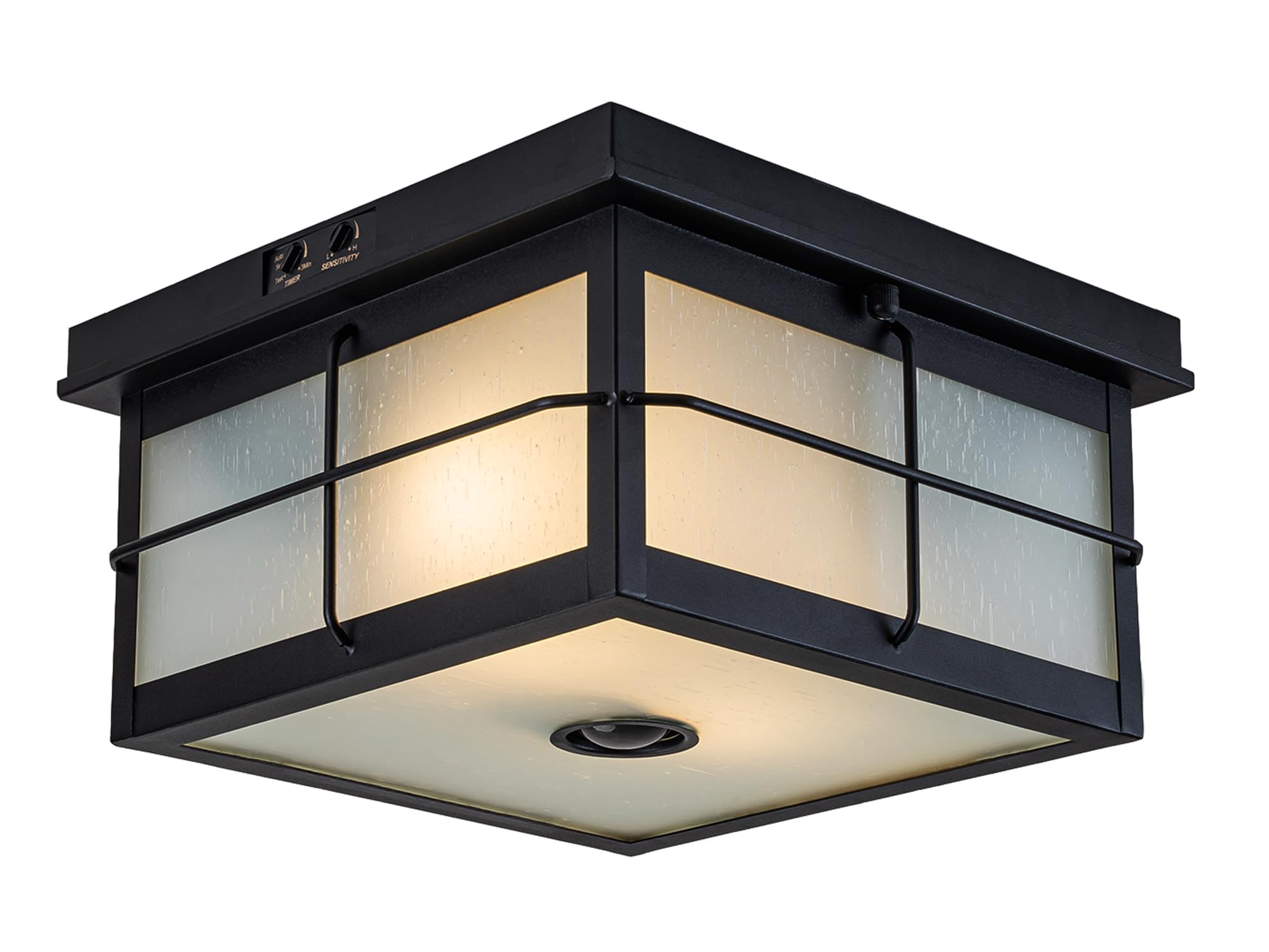 Oupavocs Motion Sensor Outdoor Ceiling Light, 2-Light Flush Mount With Frosted Glass, Black