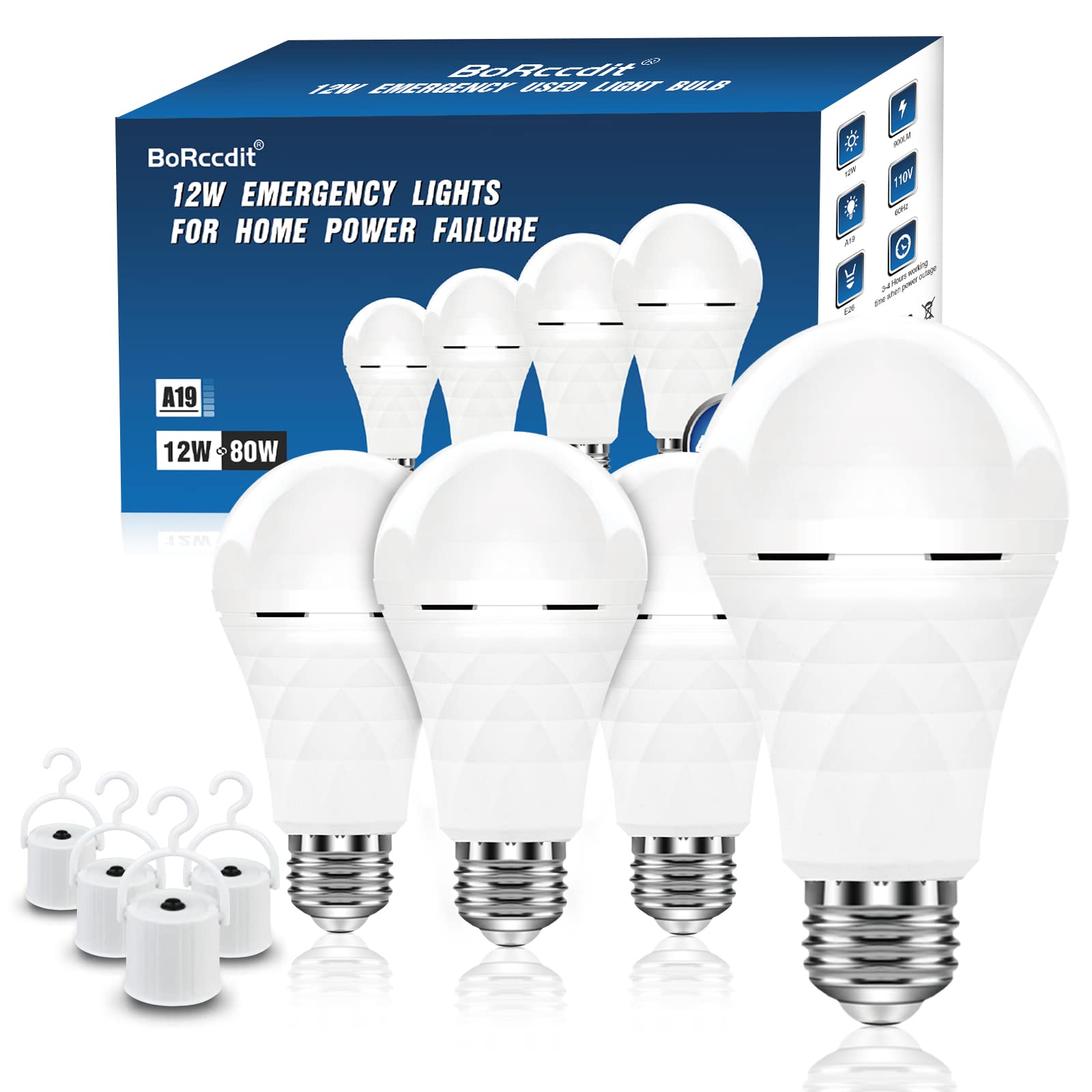 BoRccdit A19 Rechargeable Light Bulbs, 12W, 1200mAh, Natural White 5000K, E26/E27, 4 Count