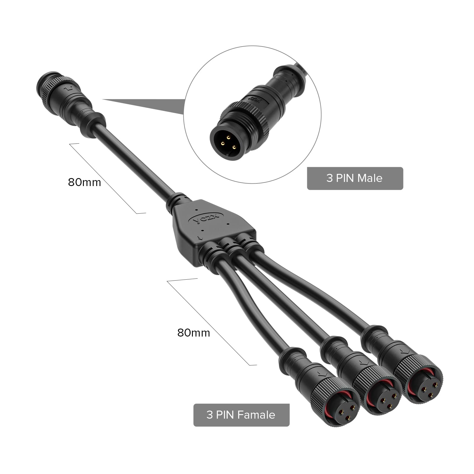 BTF-LIGHTING 3 Pin Big Size IP67 Y Shape Connector, 1 Male to 3 Female, Black Plastic, 0.75mm²/18AWG, Model WP3