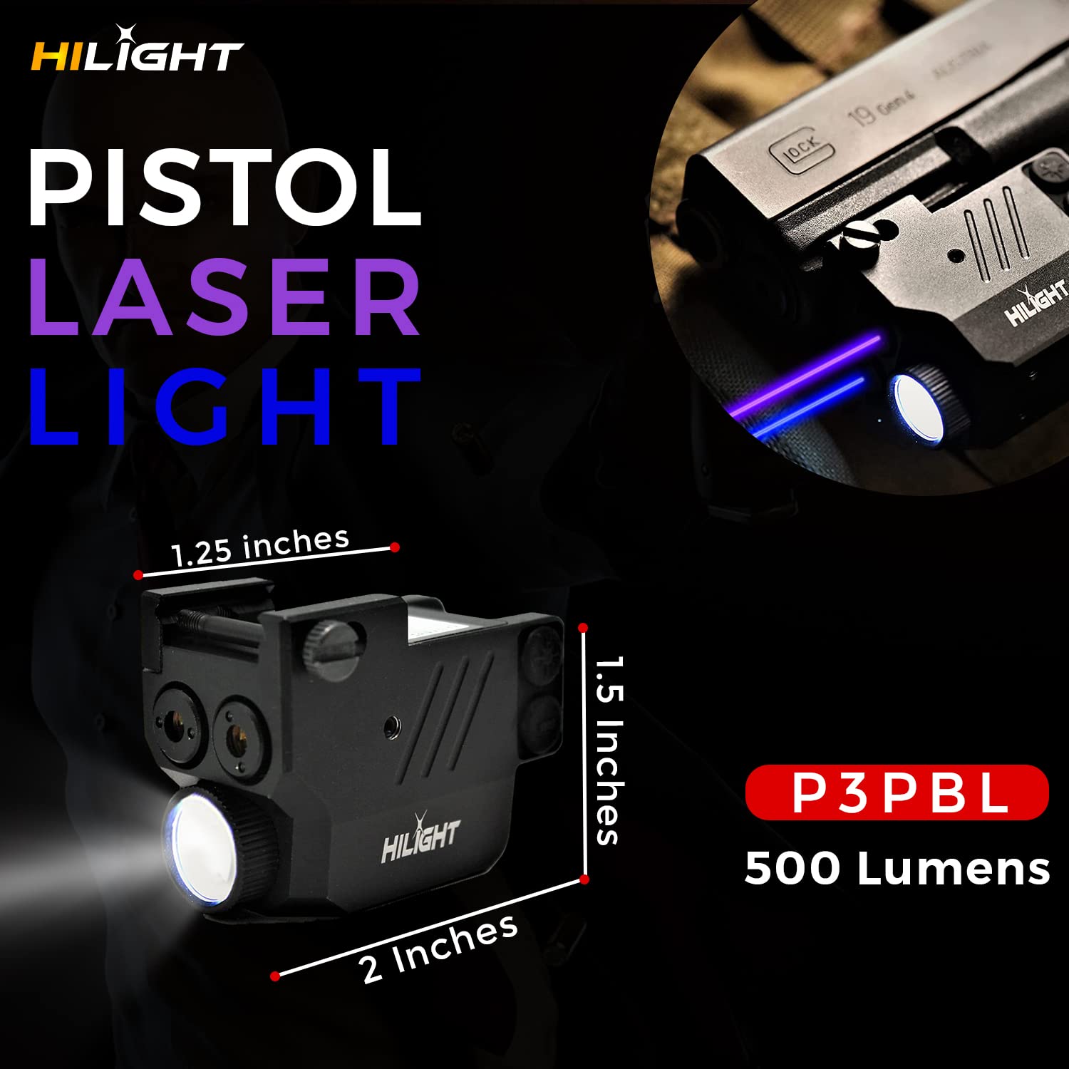 HiLight P3PBL Laser Light Combo - 500 Lumens, Rechargeable, Hard Anodized Aluminum, Blue & Purple