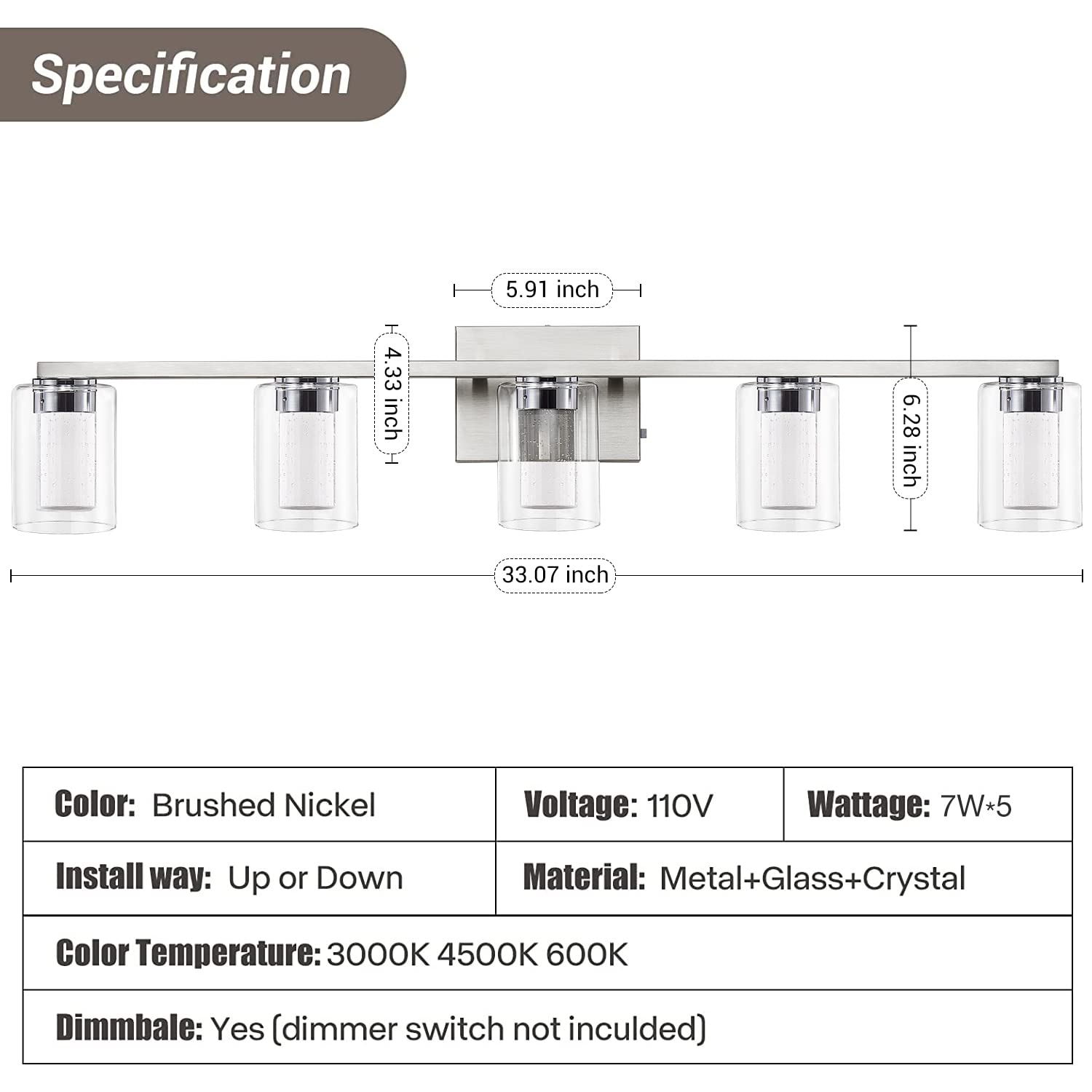 stambord Bathroom Light Fixtures, 5 Light Brushed Nickel Vanity Light, Dimmable LED with Crystal Bubble Glass, Model B90-05