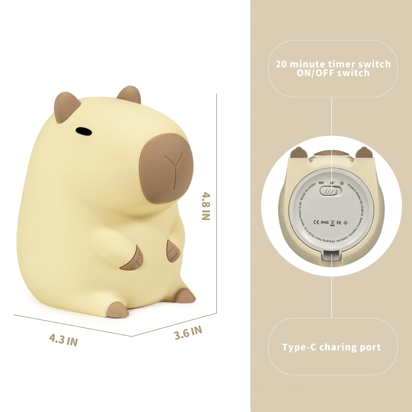 GEAMSAM Capybara Night Light, Cute Silicone Dimmable Nursery Nightlight, Rechargeable Bedside Touch Lamp for Breastfeeding Chris