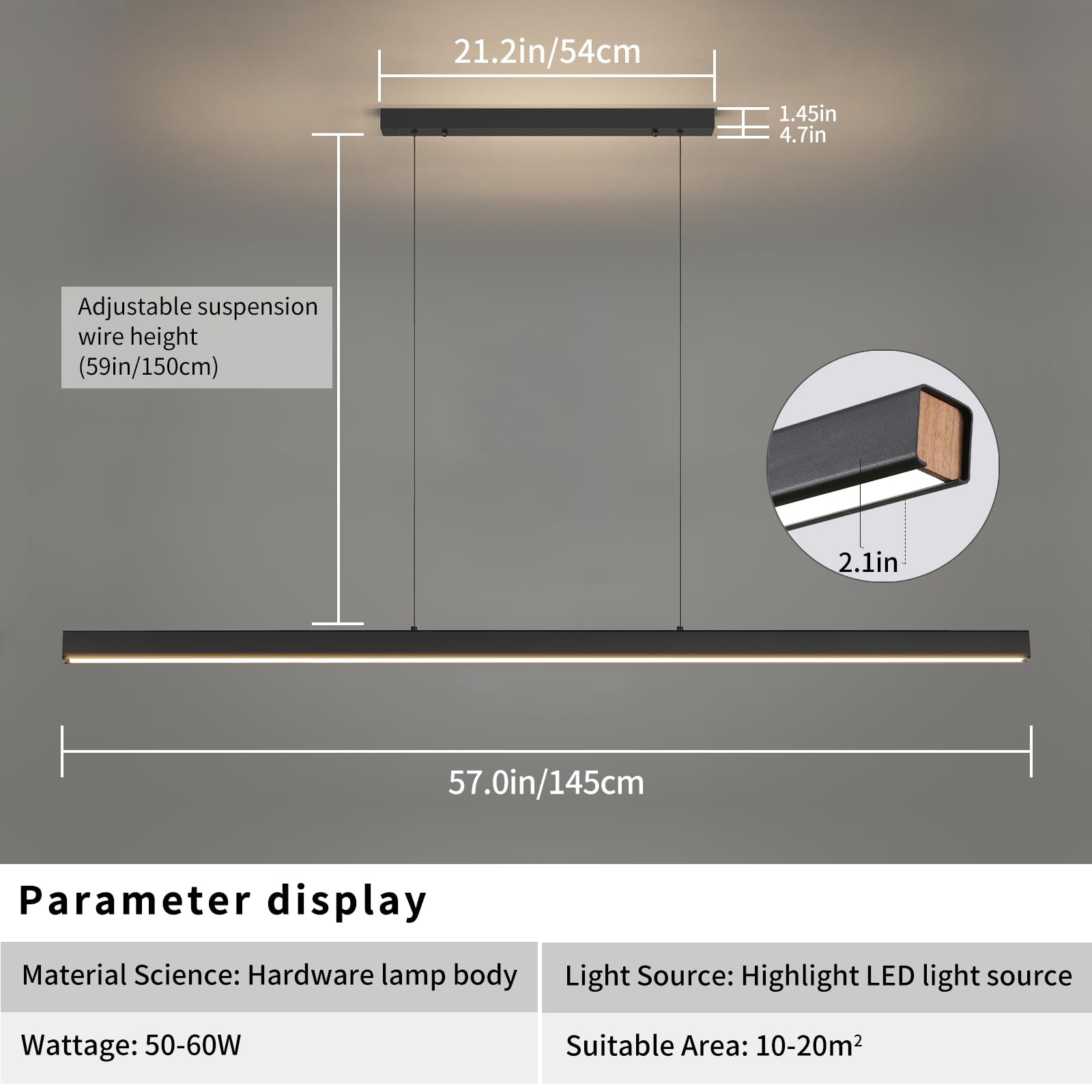 57'' Led Linear Pendant Light Fixtures, 25W Dimmable Pool Table Light With Remote, Modern Island Lights For Kitchen Dining Room
