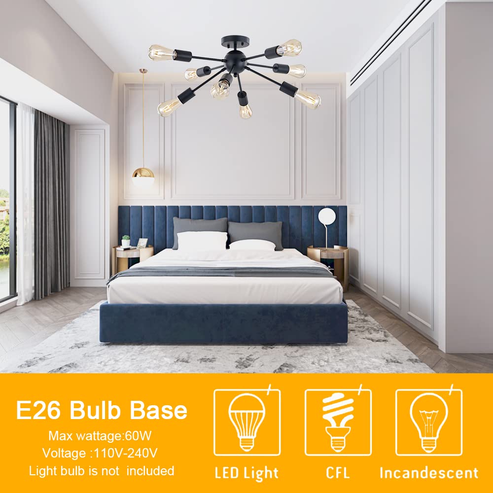 BONLICHT 8 Light Sputnik Chandelier Black Metal Semi Flush Mount Ceiling Light for Bedroom Dining Room Kitchen Foyer Model BONLICHT-8SFDMB