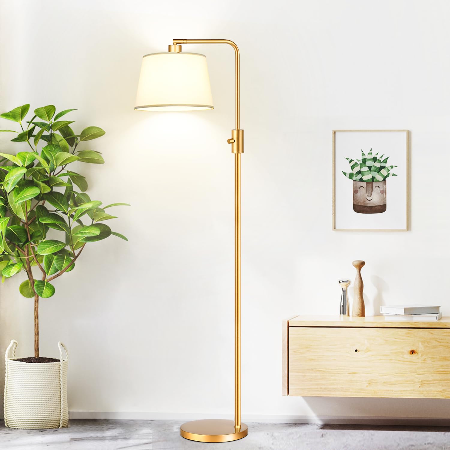 Nintiue Dimmable Floor Lamp, 1000 Lumens LED, Arc Design, Gold-Linen Shade, Model FL16886, Modern Standing Lamp for Living Room and Office
