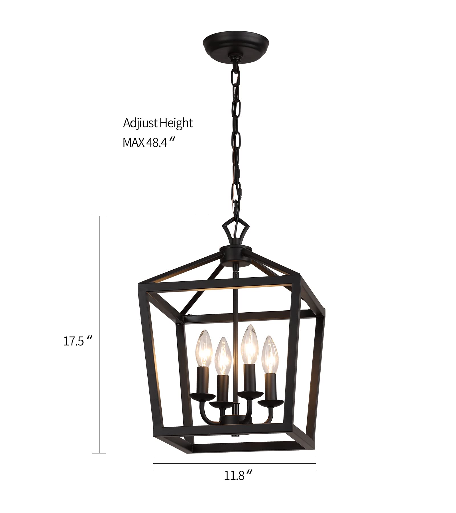 AMZASA Rustic Black Lantern Chandelier - 4-Light Fixture for Kitchen, Dining Room, Entryway - L17.5"xW11.81"xH65.9" - UL Listed