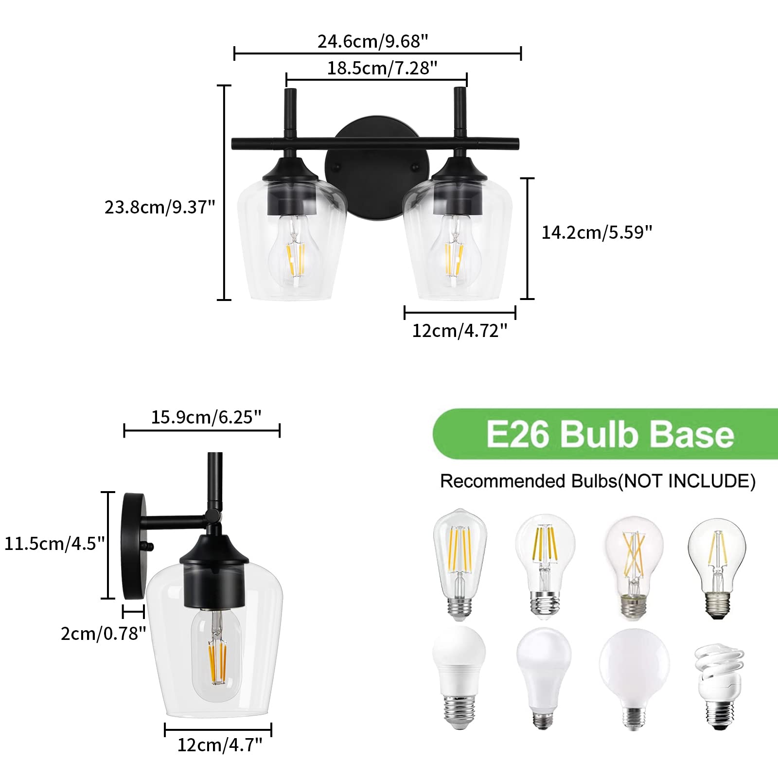 foucasal 2-Light Bathroom Vanity Light Fixtures, Black Industrial Wall Lights with Clear Glass Shade, Model ULB0046H-2HEI