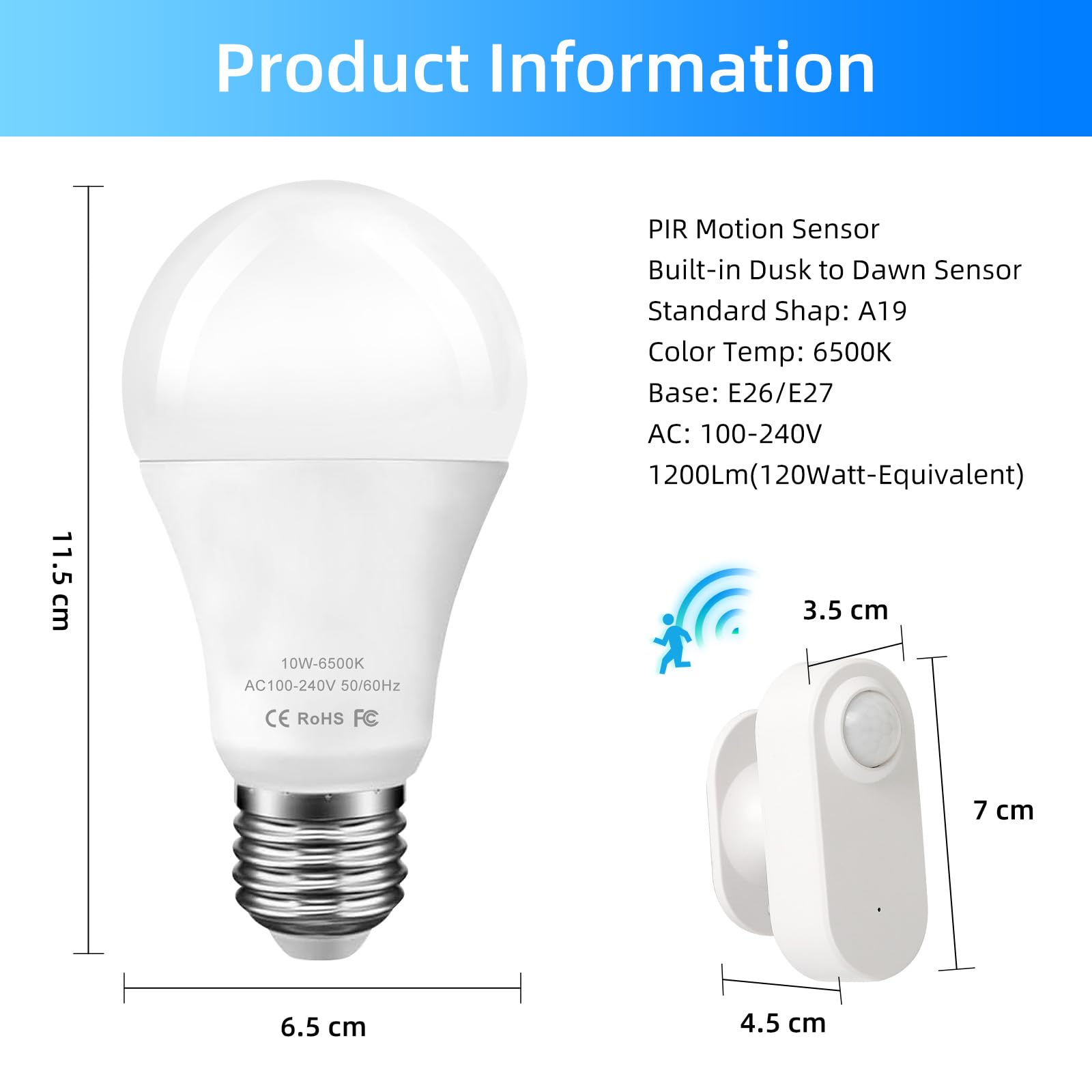 Motion Sensor Light Bulbs  10W (120W Equivalent) 1200Lm Motion Activated Dusk To Dawn Security Led Bulb  6500K Daylight  A19/E26  Auto On/Off Indoor Outdoor Lighting  For Garage Basement Hallway