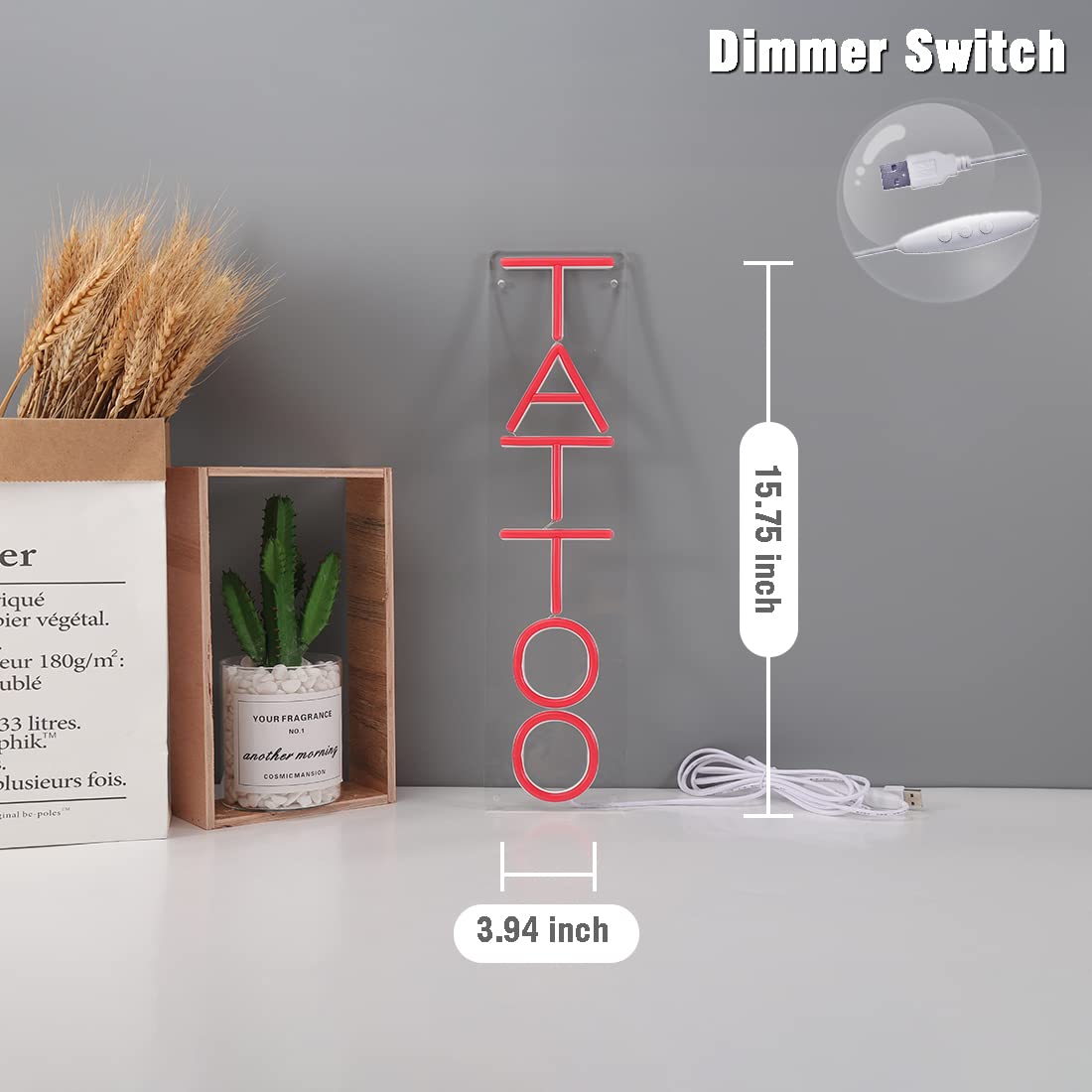 Britrio Neon Tattoo Sign Light - LED Wall Art Decor for Salon, 15.75x4.17 inches, Vertical Red, USB Powered