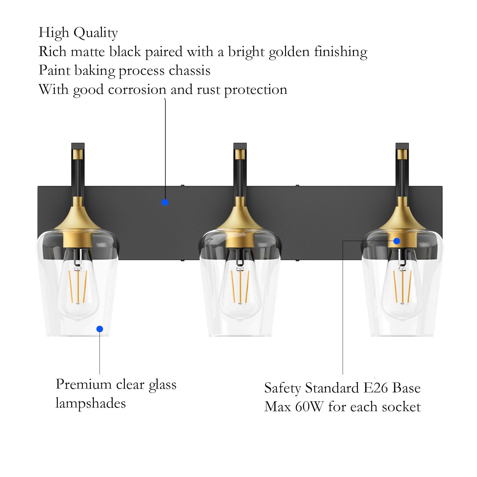 Ralbay Black/Gold Vanity Light Fixtures 3-Lights Industrial Black/Gold Bathroom Vanity Light With Clear Glass Vintage Edison Bathroom Wall Lighting Fixtures