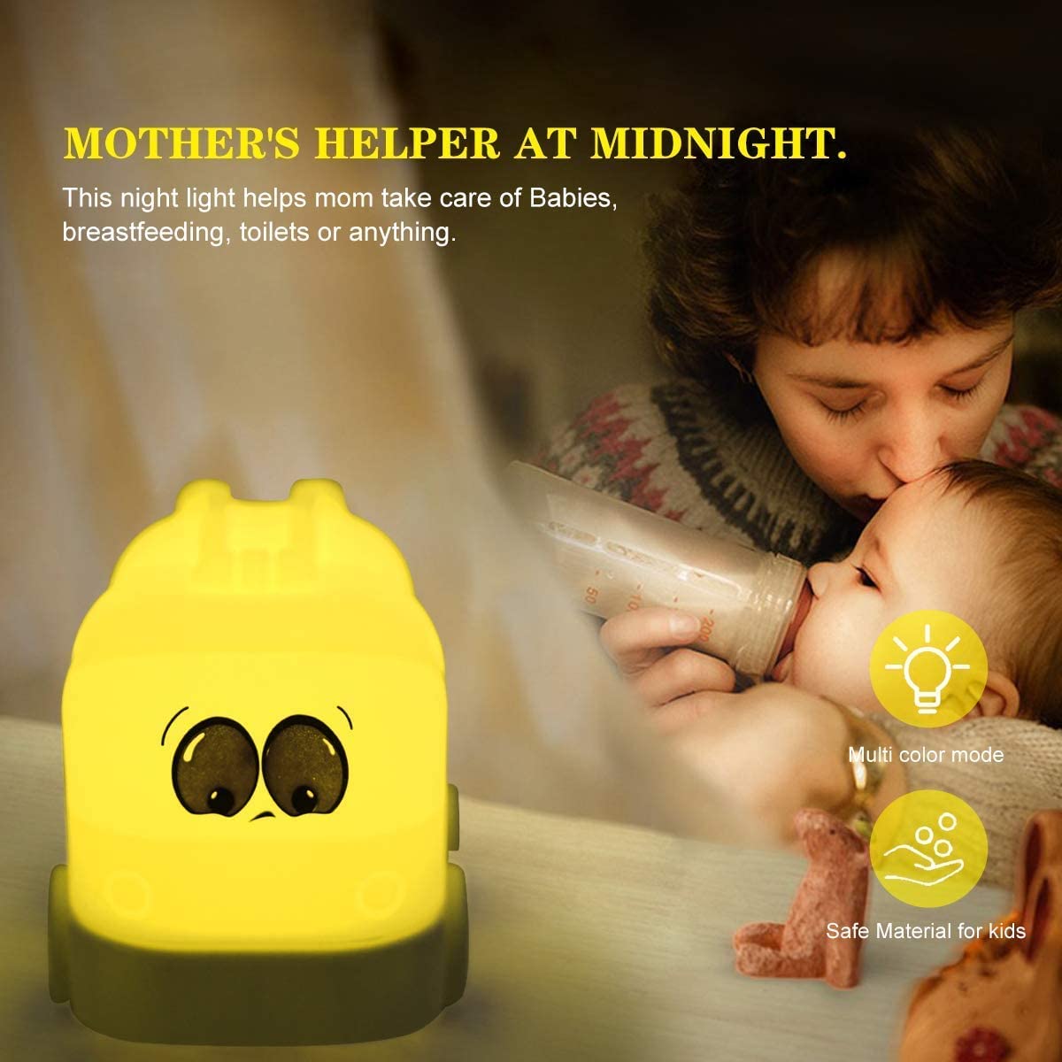 Tianhaixing Night Light Kids Led Bedside Lamp - Cute Car Design, Rgb Colors, Rechargeable, Touch & Remote Control, White, Model Thx883