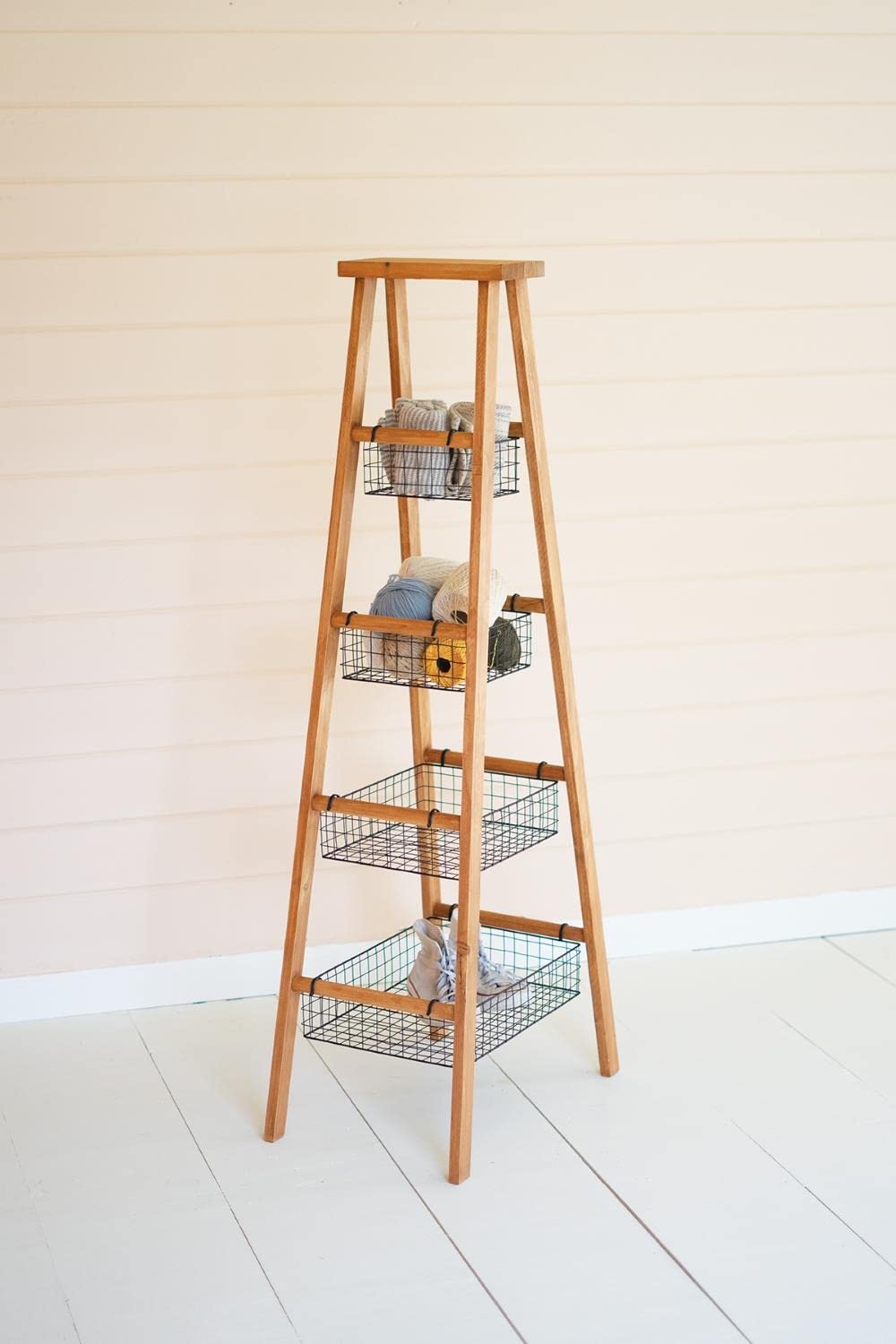 WOODEN LADDER WITH WIRE BASKETS DISPLAY
