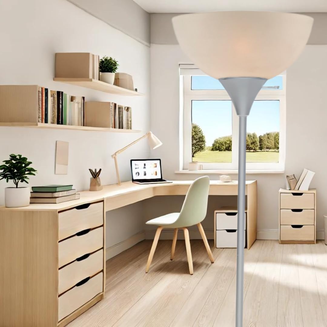 Lightaccents Stand Up Floor Lamp In Silver- Modern Corner Light With White Opal Bowl Shade - Susan Design, Ideal For Living Room