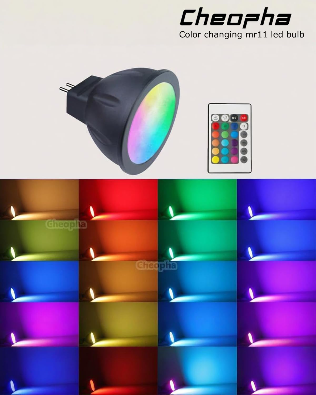 Cheopha RGB MR11 Color Changing LED Bulbs, Warm White + Multi Color, GU4 Base, 12V Low Voltage, 4-Pack