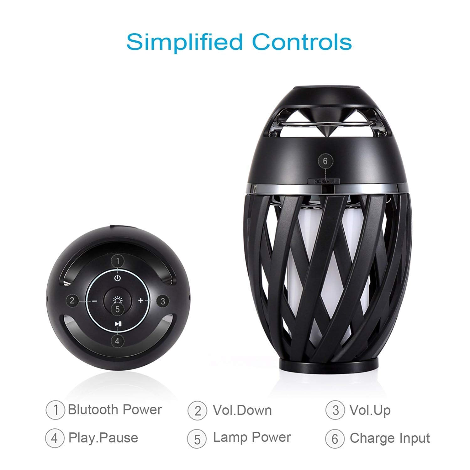 DiKaou LED Flame Outdoor Table Lamp with Bluetooth Speaker, Rechargeable Black Lantern for Patio, Porch, Home Decor