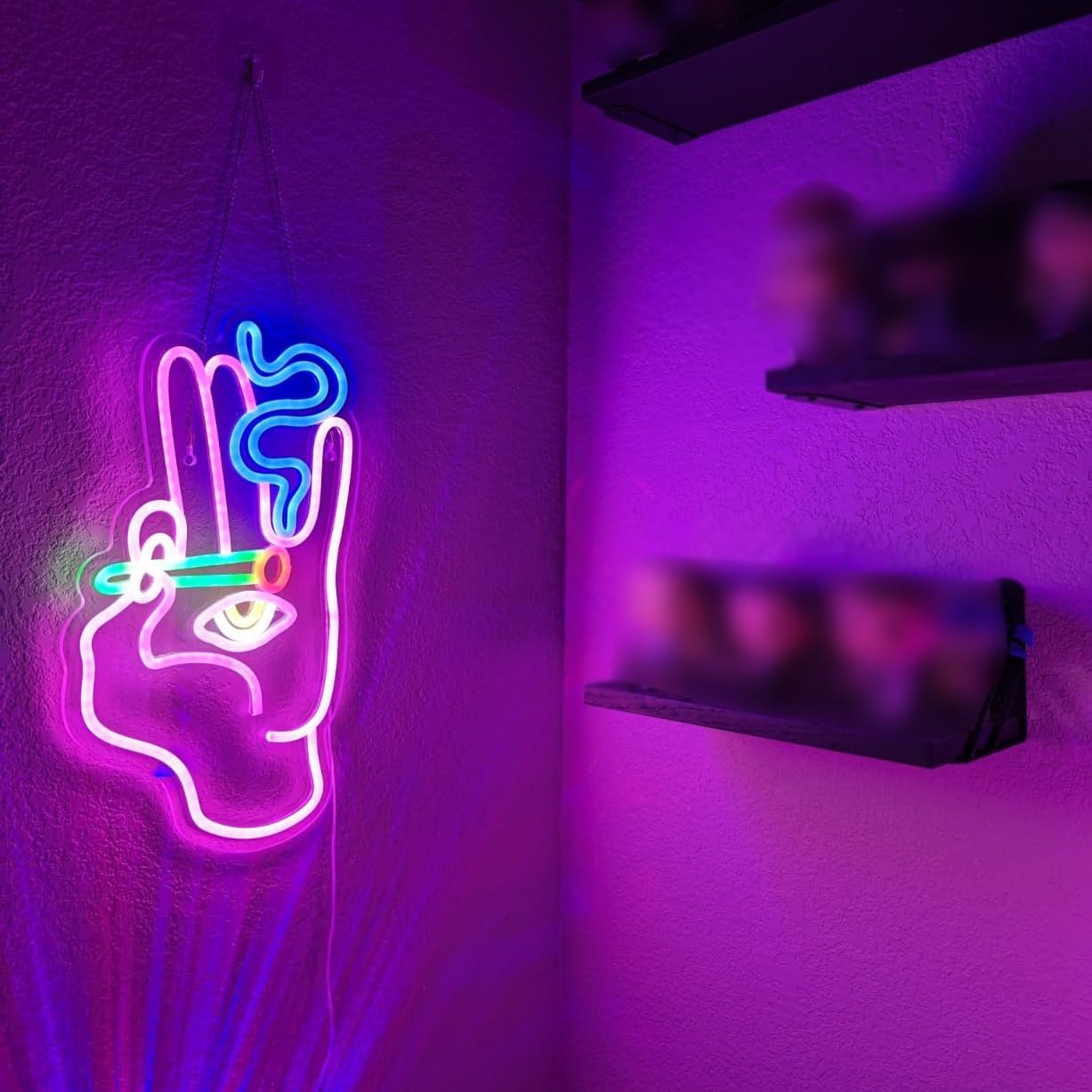 WLHOPE Neon Sign - Evil Eye Hand Light for Wall Decor, 24x42cm, USB Powered, Blue Hamsa, Ideal for Bedroom, Game Room, Bar, and Parties