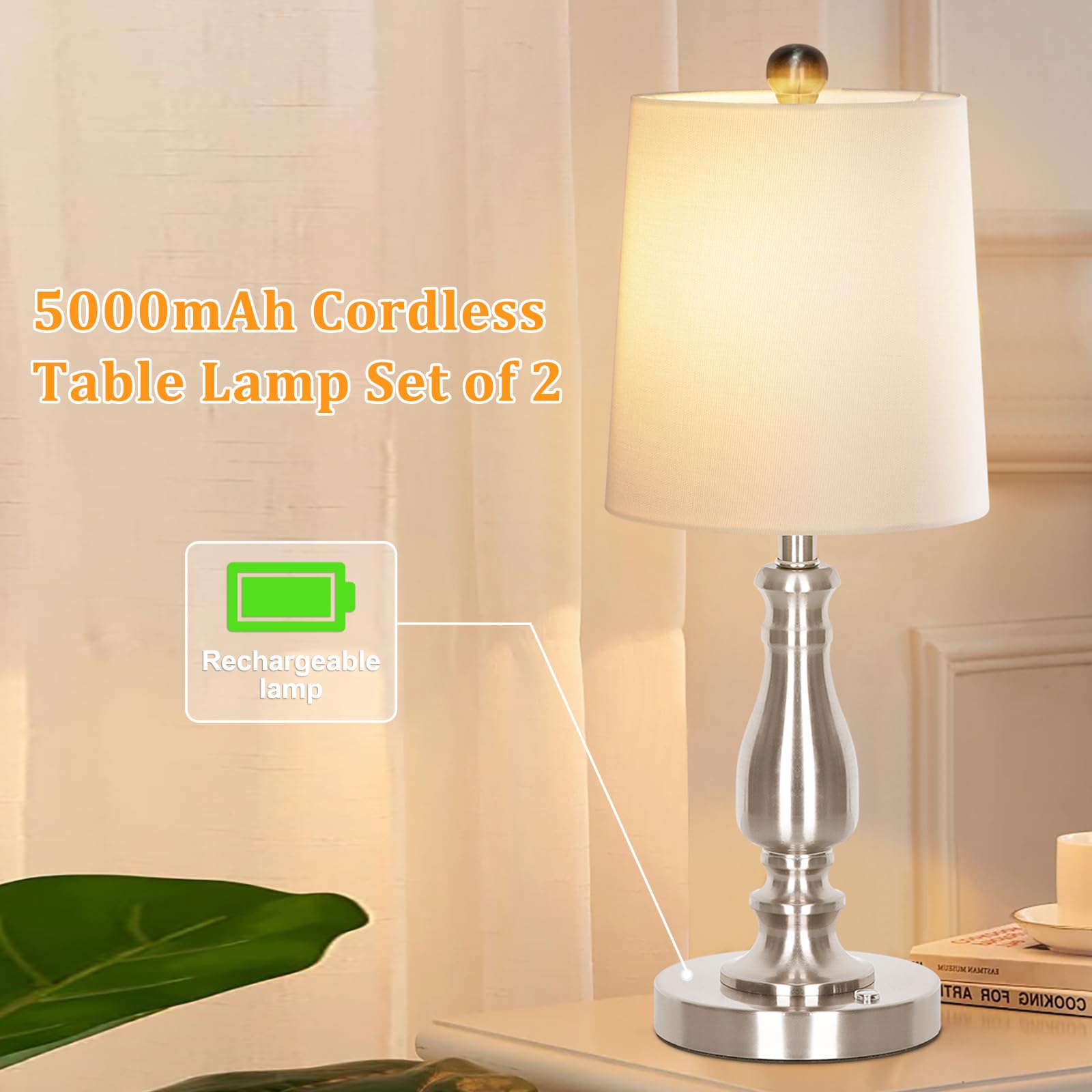 Dott Arts Cordless Table Lamp Set of 2, 3-Way Dimmable, Nickel, Battery Powered, Modern Design, Model BTL4W-019