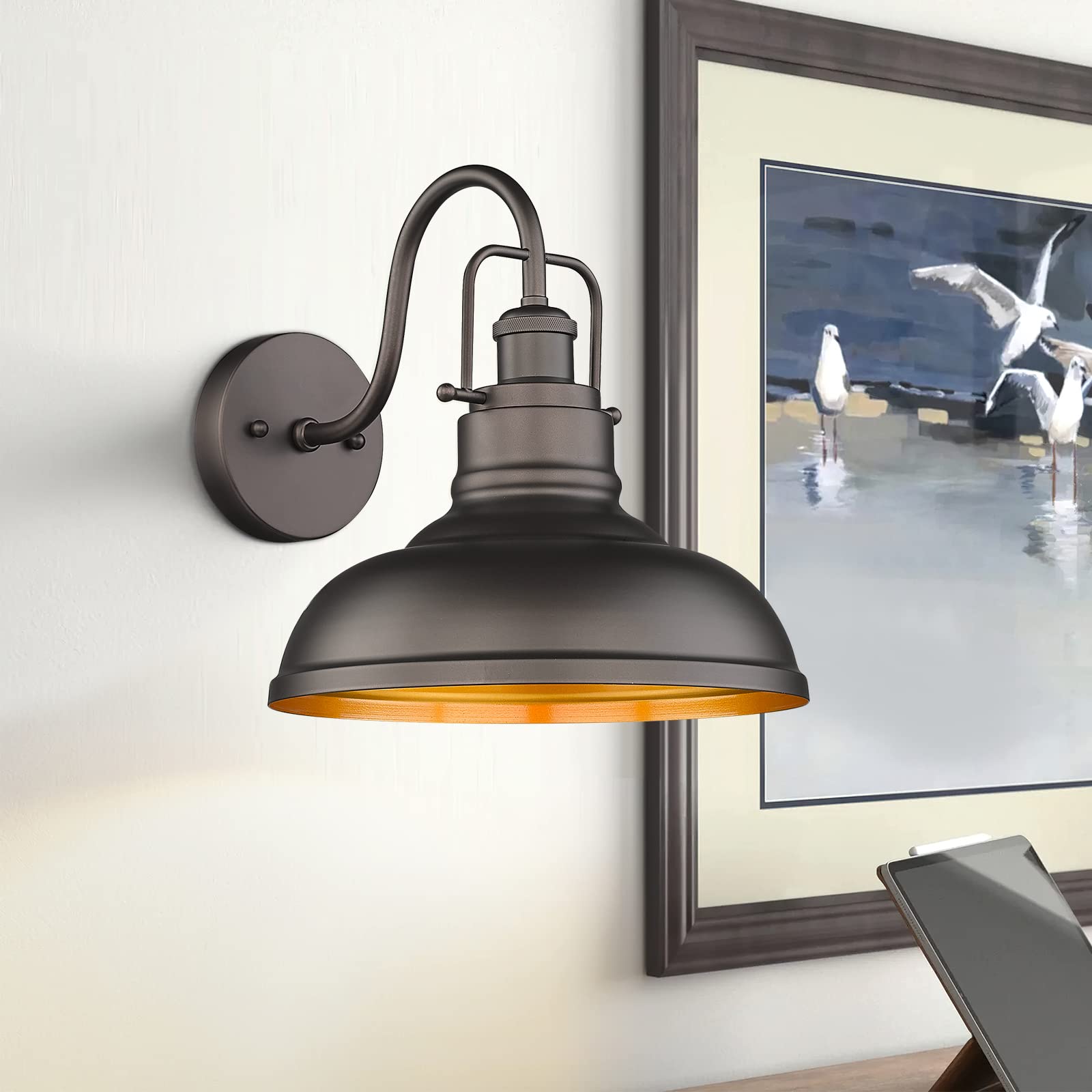 Zeyu Gooseneck Wall Lights 2 Pack, 11 Inch Farmhouse Barn Light Fixtures Indoor And Outdoor, Metal Dome Shade In Oil Rubbed Bron