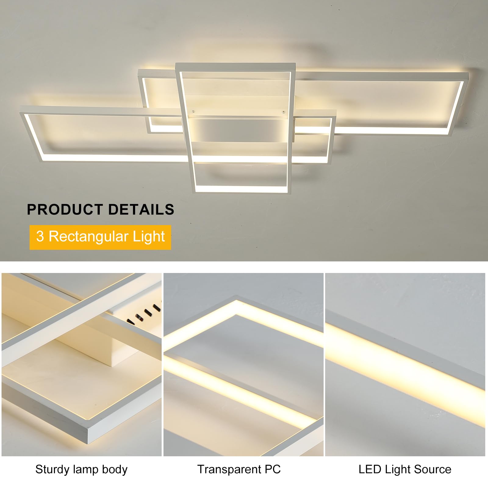 Geadi Modern Dimmable Ceiling Light, 35.4'' White Led Ceiling Light Fixtures With Remote Control, 50W Rectangle Flush Mount Ligh
