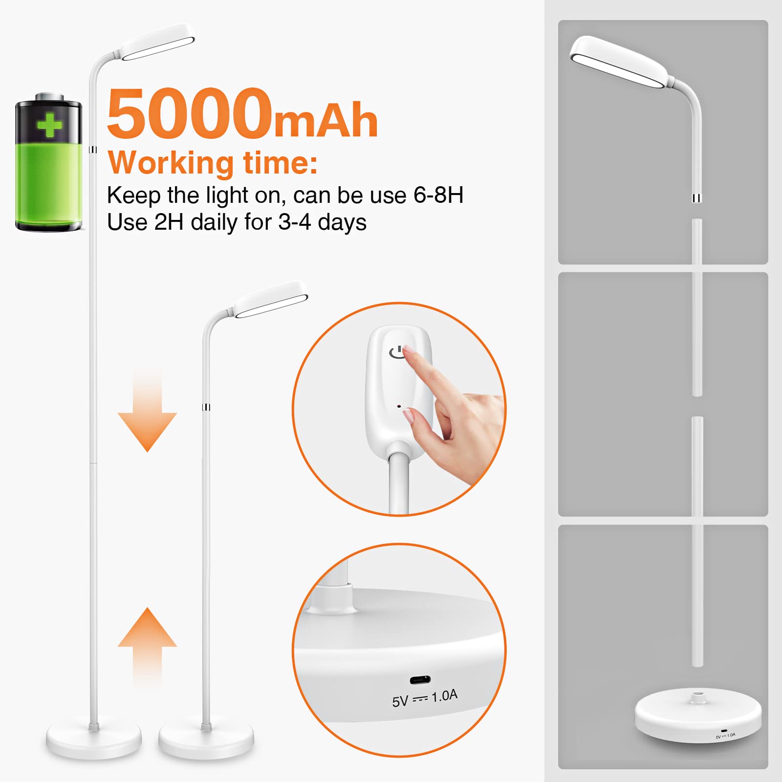 YUWLDD Cordless Floor Lamp, 5000mAh Rechargeable, Touch Control, Gooseneck, 3 Color Temperatures, White, Model LD202