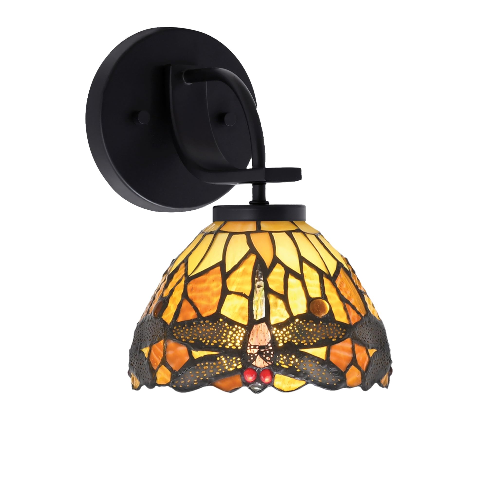 Cavella 1 Light Wall Sconce Shown In Matte Black Finish With 7" Amber Dragonfly Art Glass