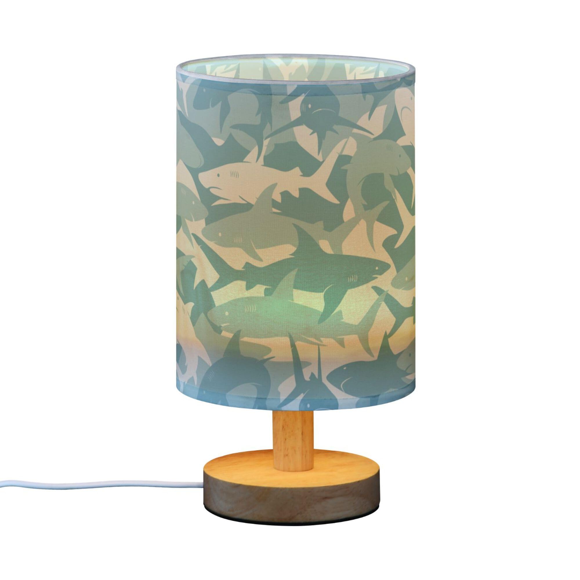 Yyzzh Table Lamp Blue Shark Pattern Marine Animal Nightstand Lamp With Wood Base Fabric Lamp Shade Bedside Desk Lamp For Living