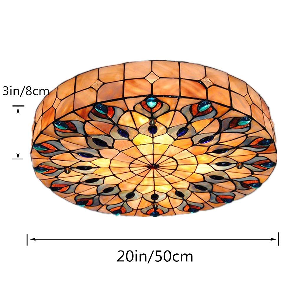 Vintage Tiffany Ceiling Light Hand-Made Colorful Chandelier Flush Mount Lighting Fixture, Lampshade With Colorful Design Decor (