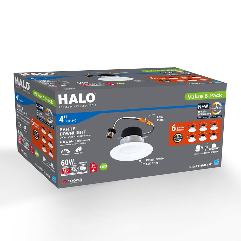 HALO LT 4 Recessed LED Trim Can Light, 5CCT 2700K-5000K, 6-Pack - Energy Efficient Indoor/Outdoor Lighting