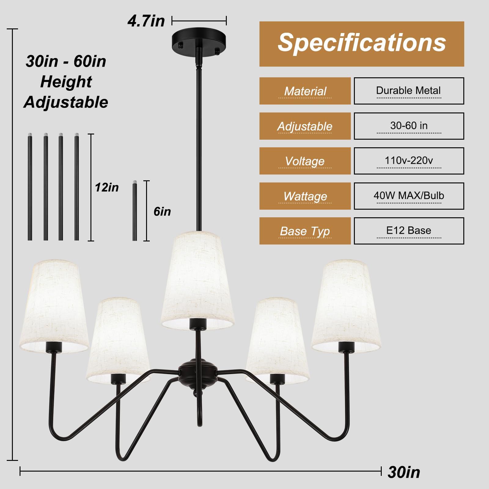 FIYUEOYI 5-Light Modern Chandelier - Adjustable Height, Linen Beige Shade, Metal, A-Black, Model YUX2 for Living Room, Dining Room, Bedroom