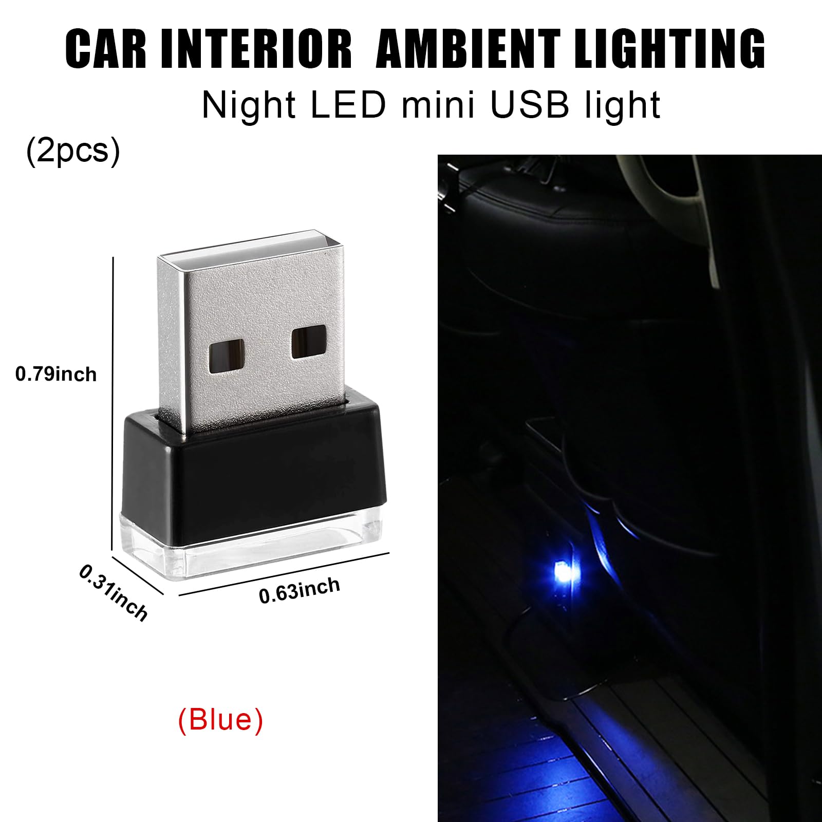 Sylvil 2 Pcs Usb Led Car Interior Atmosphere Lamp  Portable Mini Led Night Light  Plug-In Usb Interface Trunk Ambient Lighting Kit  Universal Interior Car Accessories (Blue)