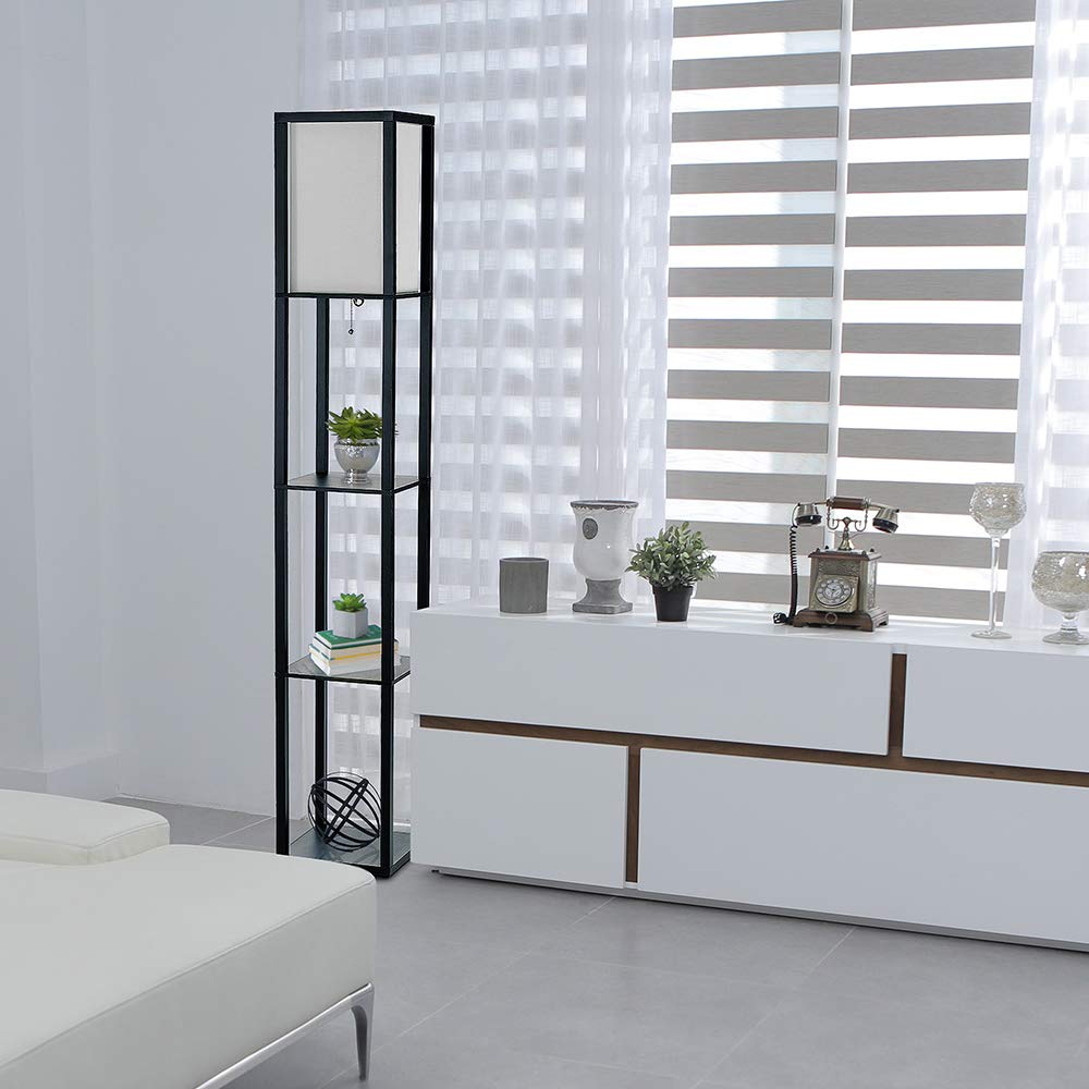 Simple Designs Lf1014-Blk 62.5" Modern Etagere Organizer Storage 3 Shelf Floor Lamp With White Linen Fabric Shade For Home Décor, Office, Study, Bedroom, Living Room, Dining Room, Black