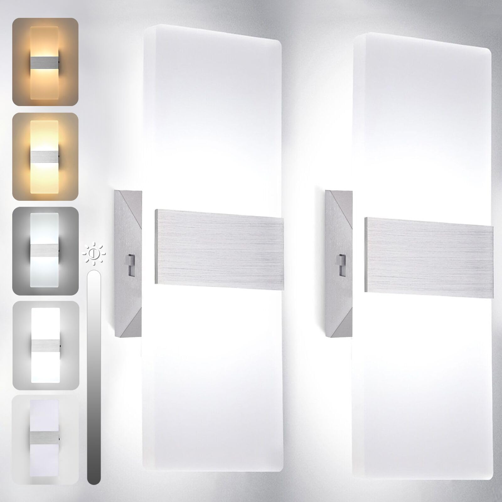 TRLIFE Dimmable LED Wall Sconces, 12W Modern Wall Light Set of 2, Silver Brushed Aluminum, 4 Color Temperatures, Model YKL-MCT-Sil