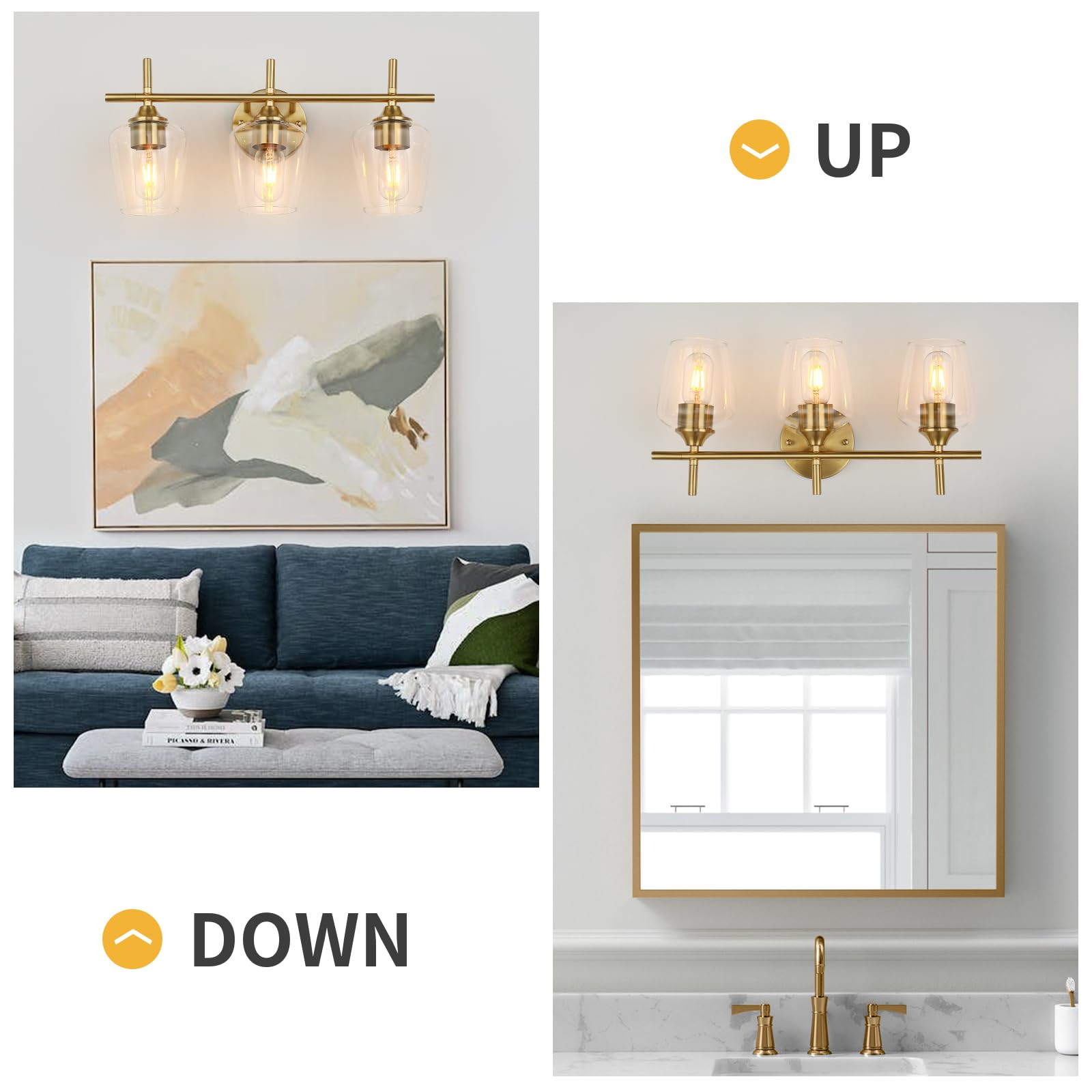 foucasal 3-Light Bathroom Vanity Light Fixtures, Gold Brushed Brass with Clear Glass Shade, Modern Wall Sconces for Living Room and Bedroom