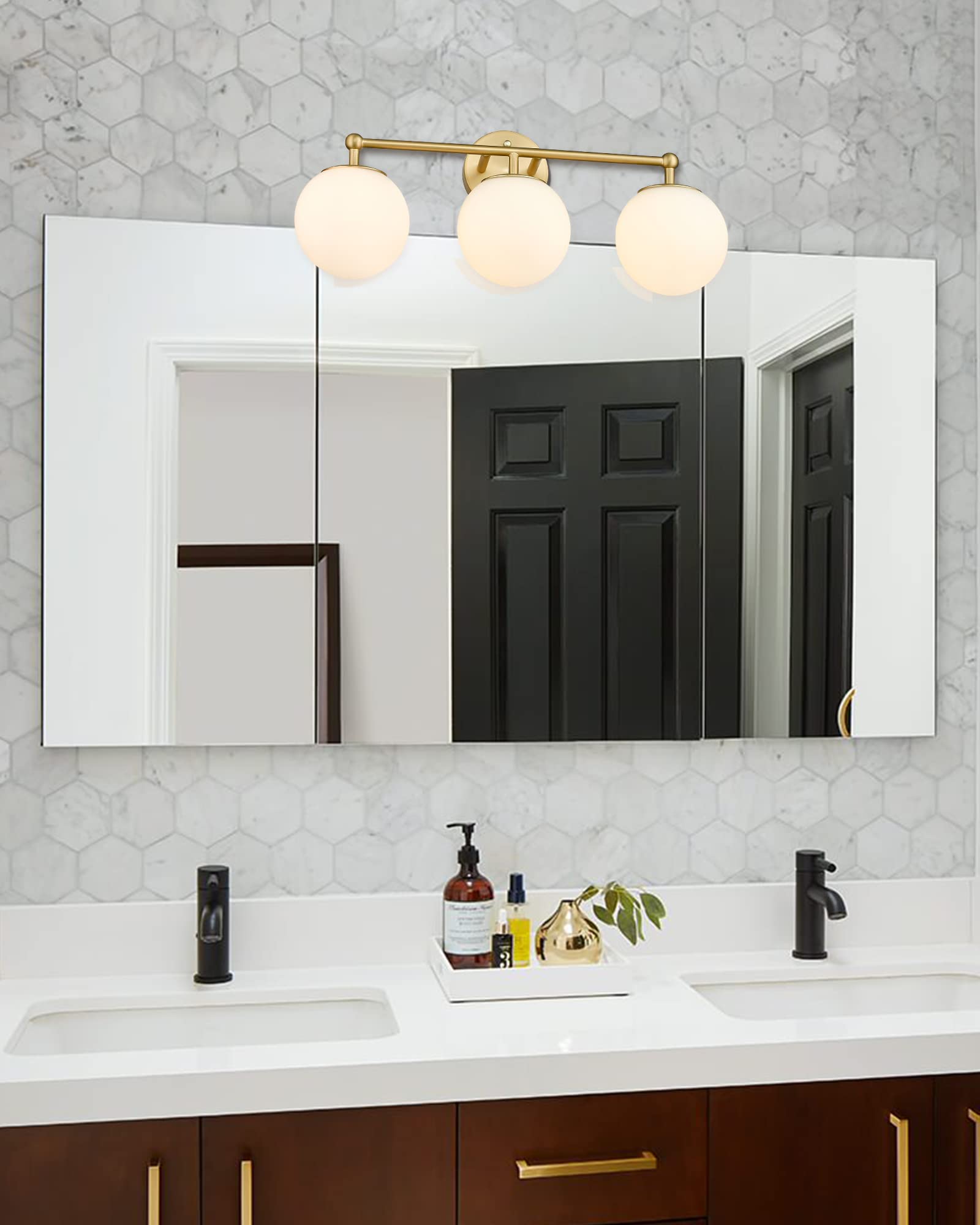 Akezon Gold Vanity Light For Bathroom, Modern Bathroom Light Fixtures Over Mirror 3-Light With Milky Glass Globe Shade, Kw-7308-3